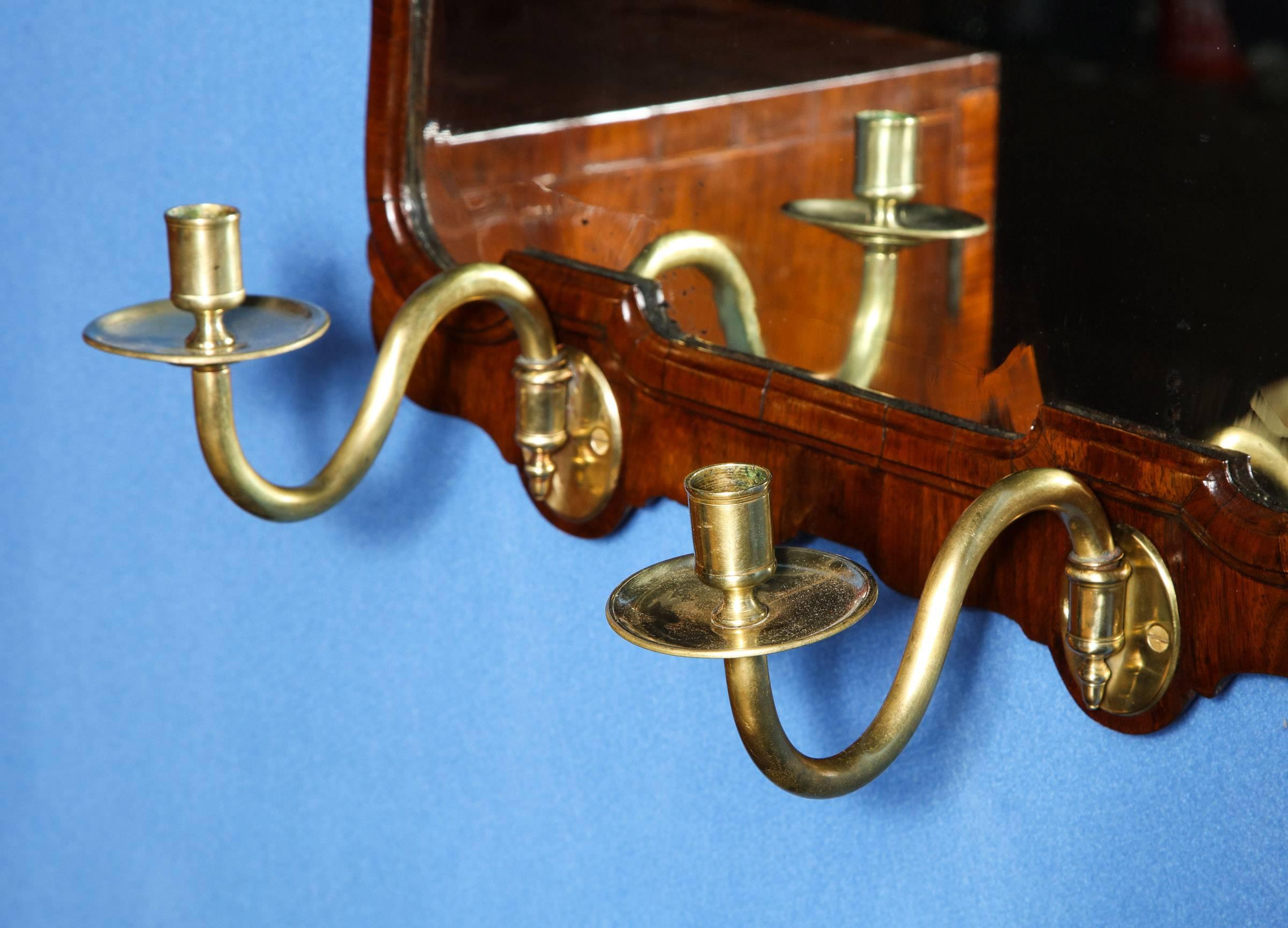 18th Century Queen Anne Period Figured Walnut Mirror Original Brass Candle Arms, circa 1710