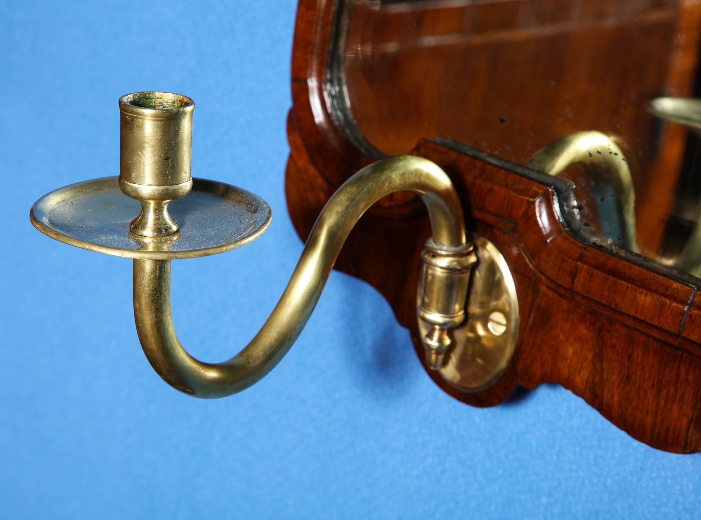 Queen Anne Period Figured Walnut Mirror Original Brass Candle Arms, circa 1710 1