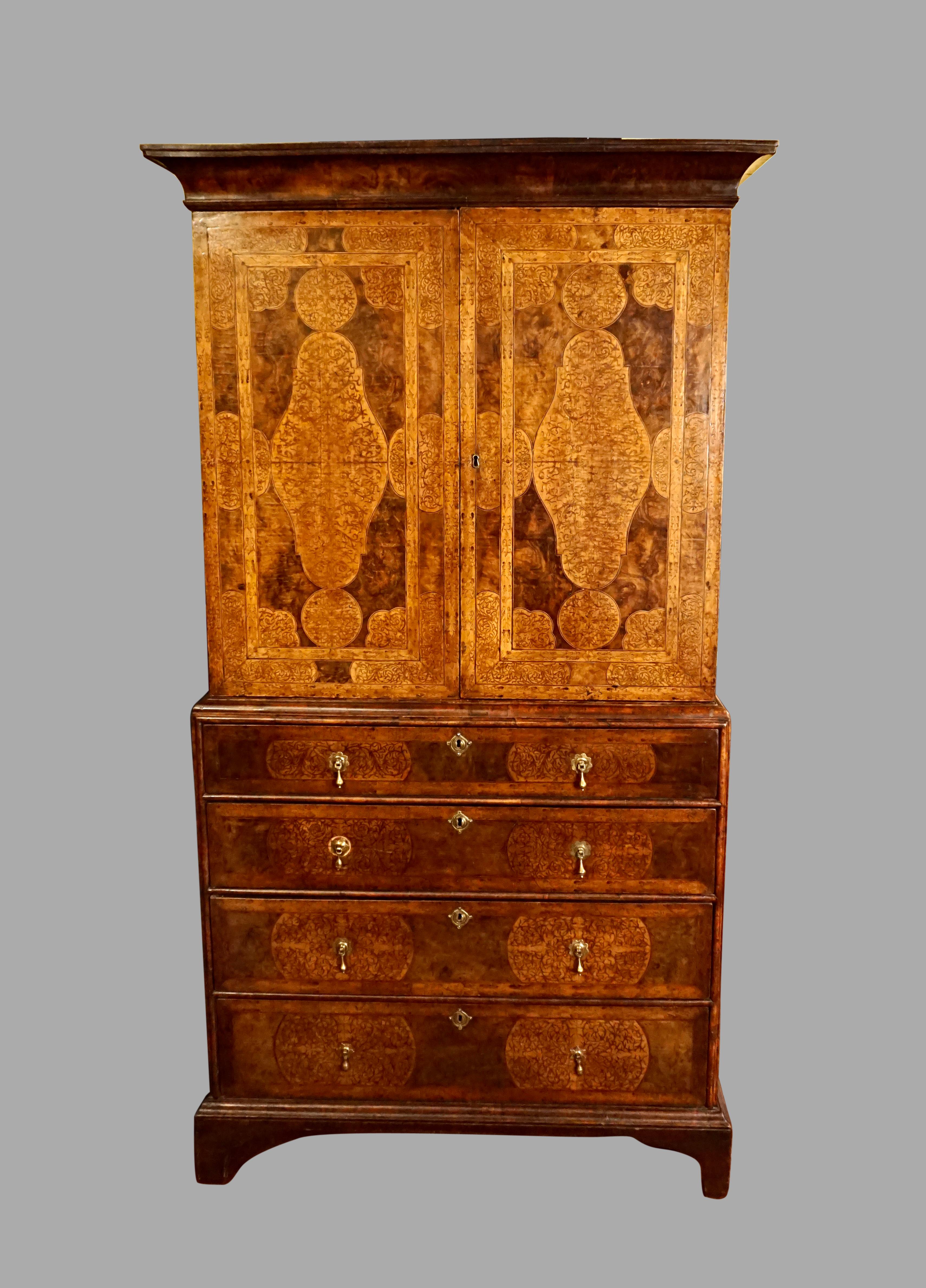 English Fine Queen Anne Period Seaweed Marquetry Inlaid Walnut Cabinet-on-Chest  For Sale