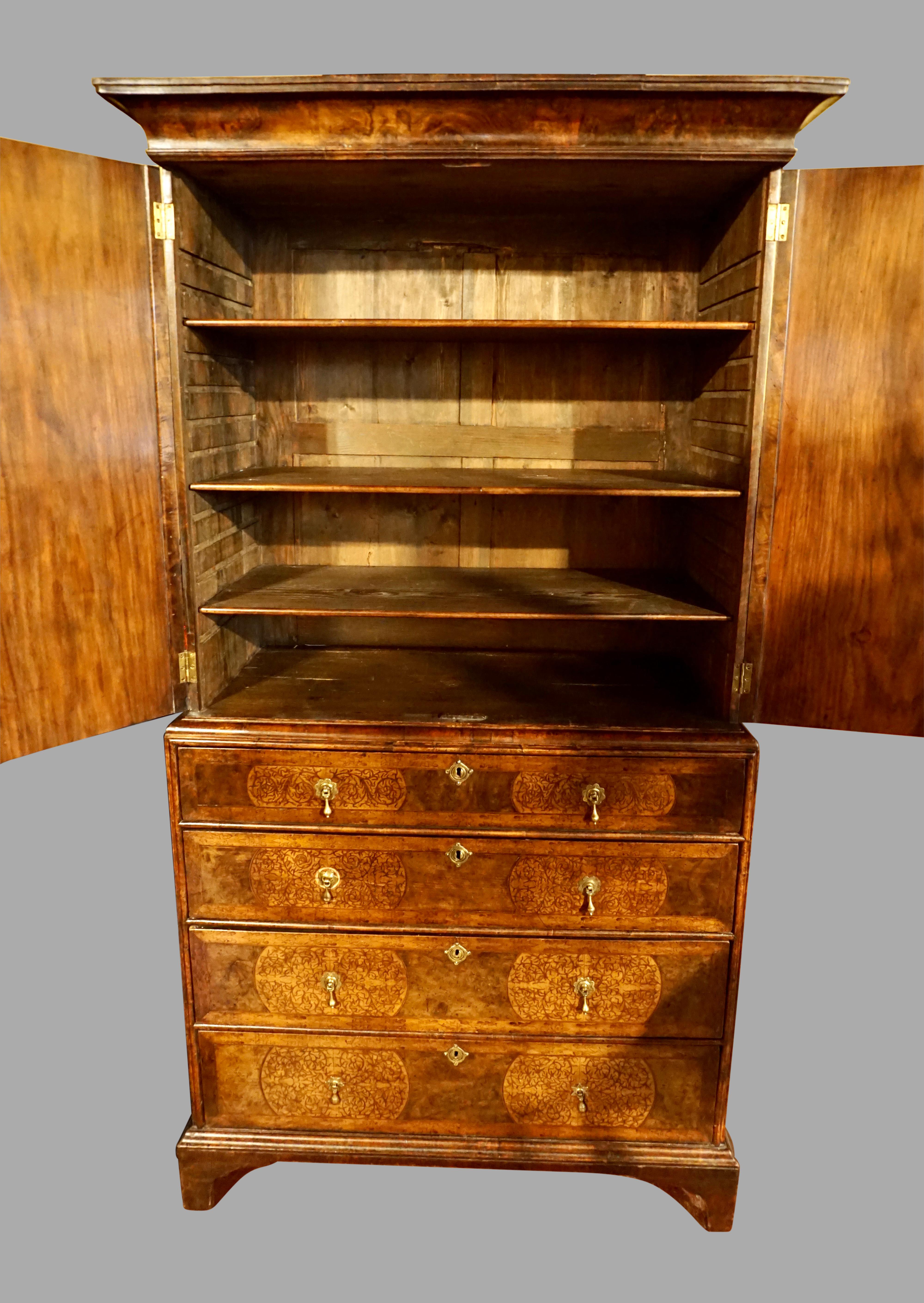 18th Century Fine Queen Anne Period Seaweed Marquetry Inlaid Walnut Cabinet-on-Chest  For Sale