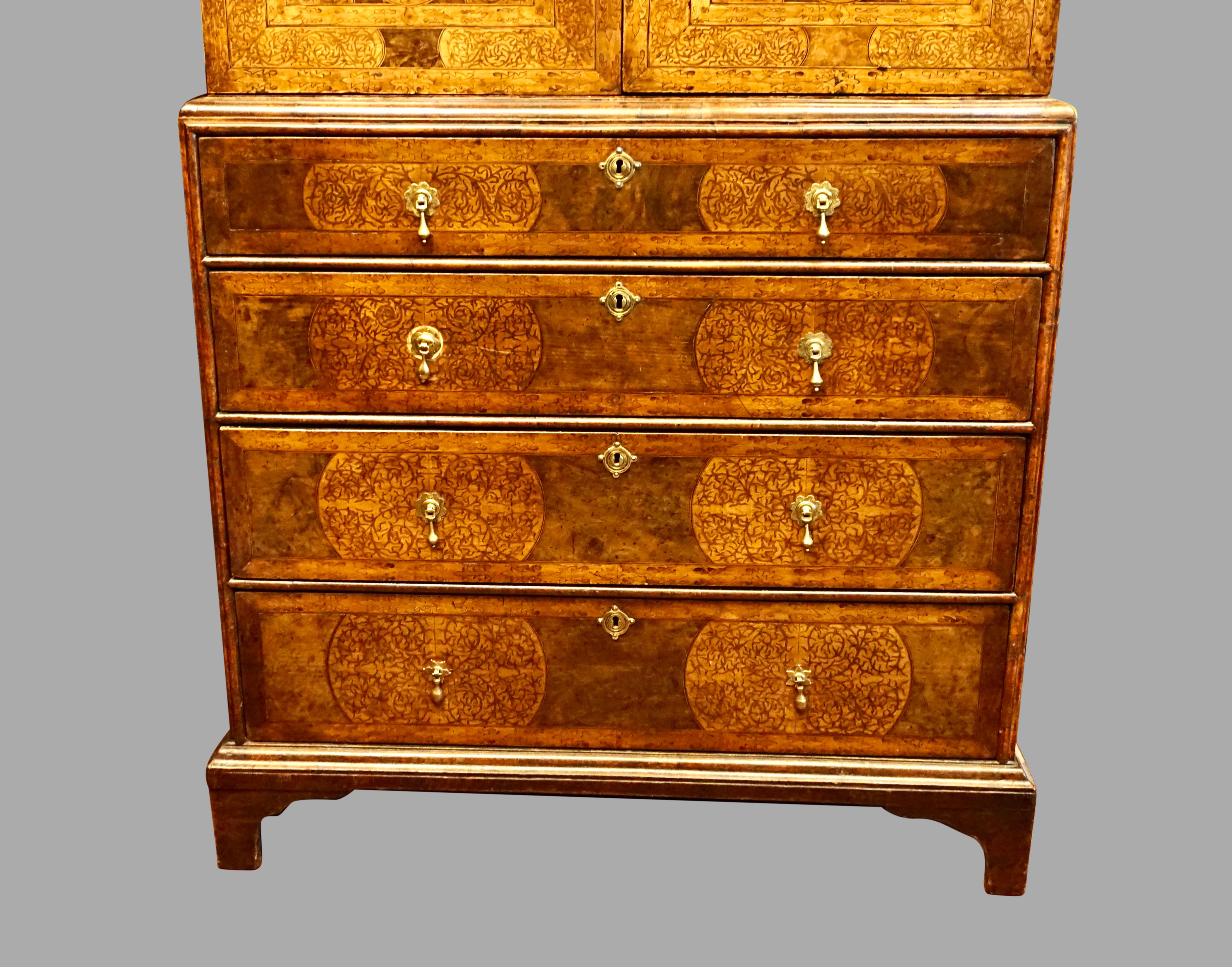Fine Queen Anne Period Seaweed Marquetry Inlaid Walnut Cabinet-on-Chest  For Sale 1
