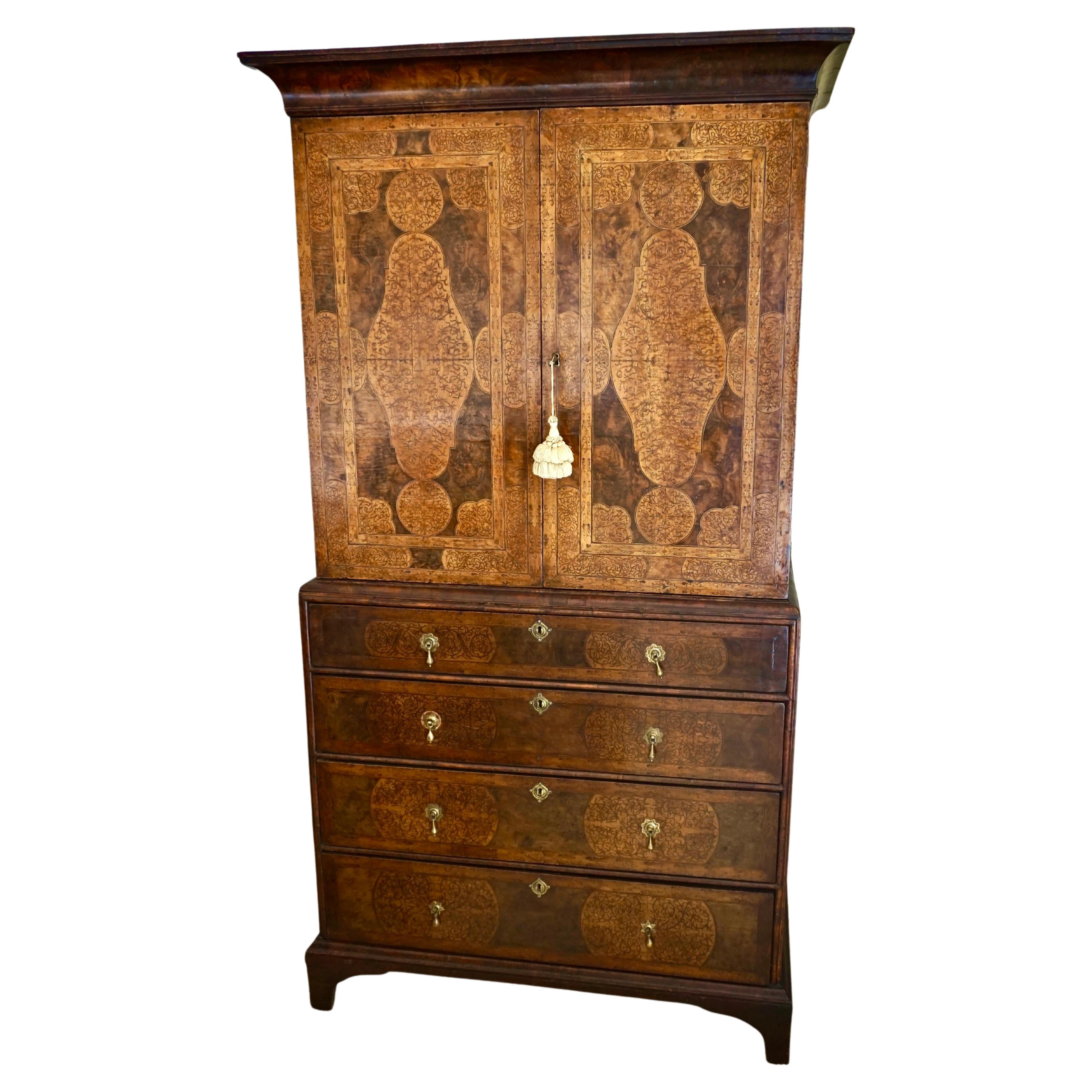 Fine Queen Anne Period Seaweed Marquetry Inlaid Walnut Cabinet-on-Chest  For Sale