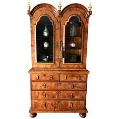 Queen Anne Period Walnut Double Dome Bookcase Cabinet - RESERVED