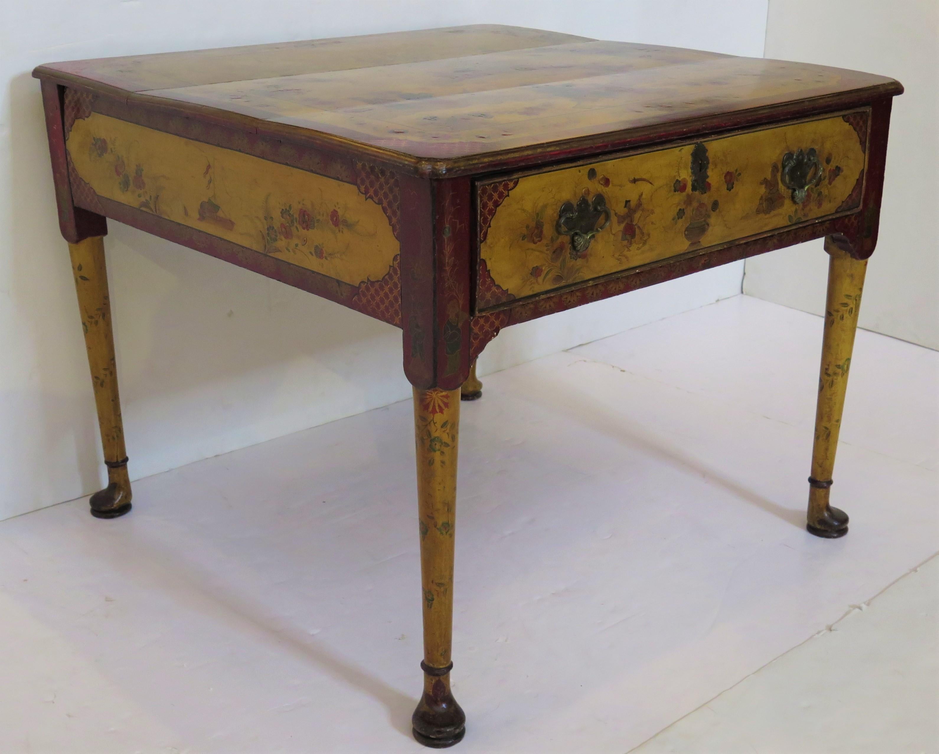 an early 18th century Queen Anne rent table in the Chinese Taste (with Chinoiserie decoration) having one large single drawer (that goes all the way through) with twelve (12) compartments, one (1) for each month, and two (2) large compartments in