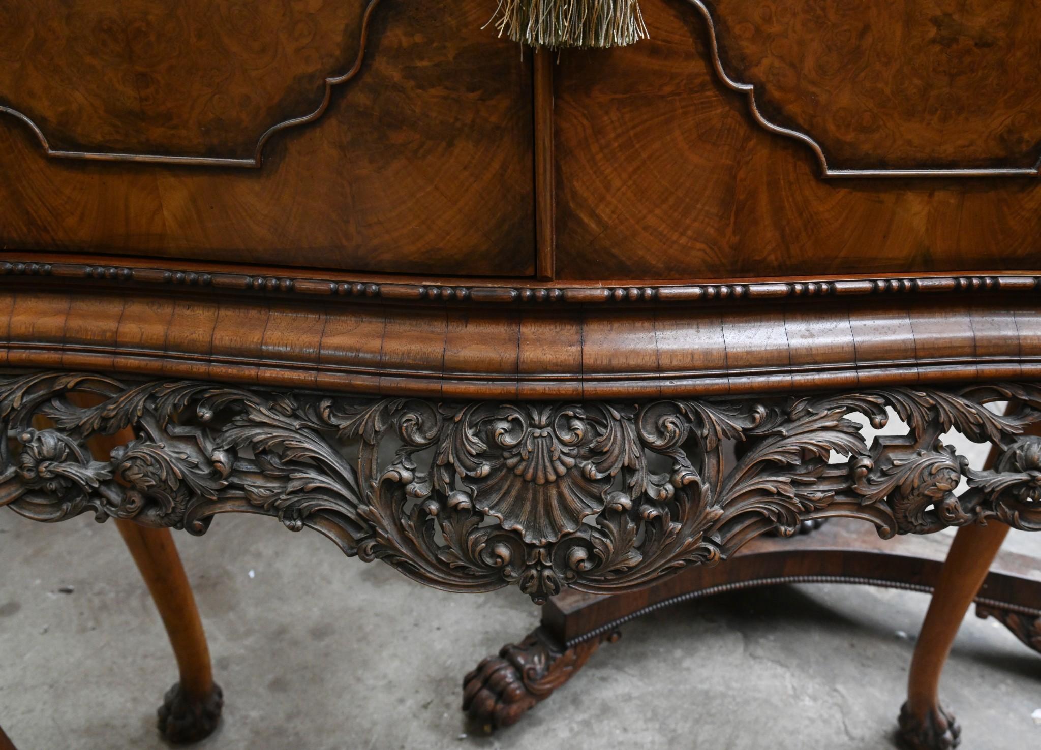 Queen Anne Revival Drinks Cabinet Burr Walnut Cocktail For Sale 6