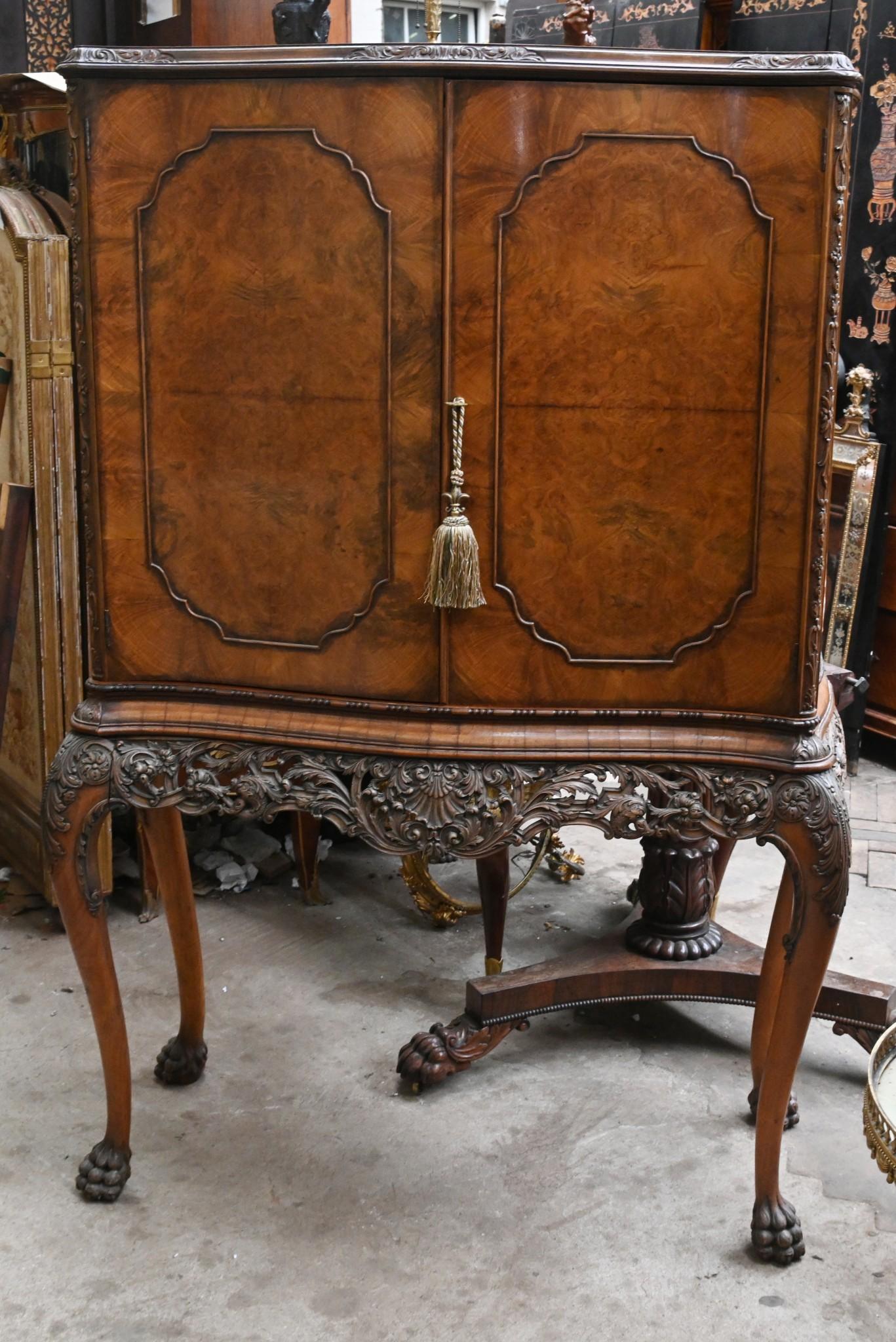 Queen Anne Revival Drinks Cabinet Burr Walnut Cocktail For Sale 9
