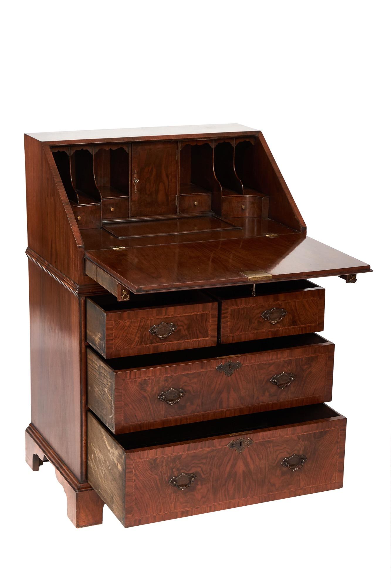 Polished Queen Anne revival Walnut Bureau with drop well, c 1920s For Sale