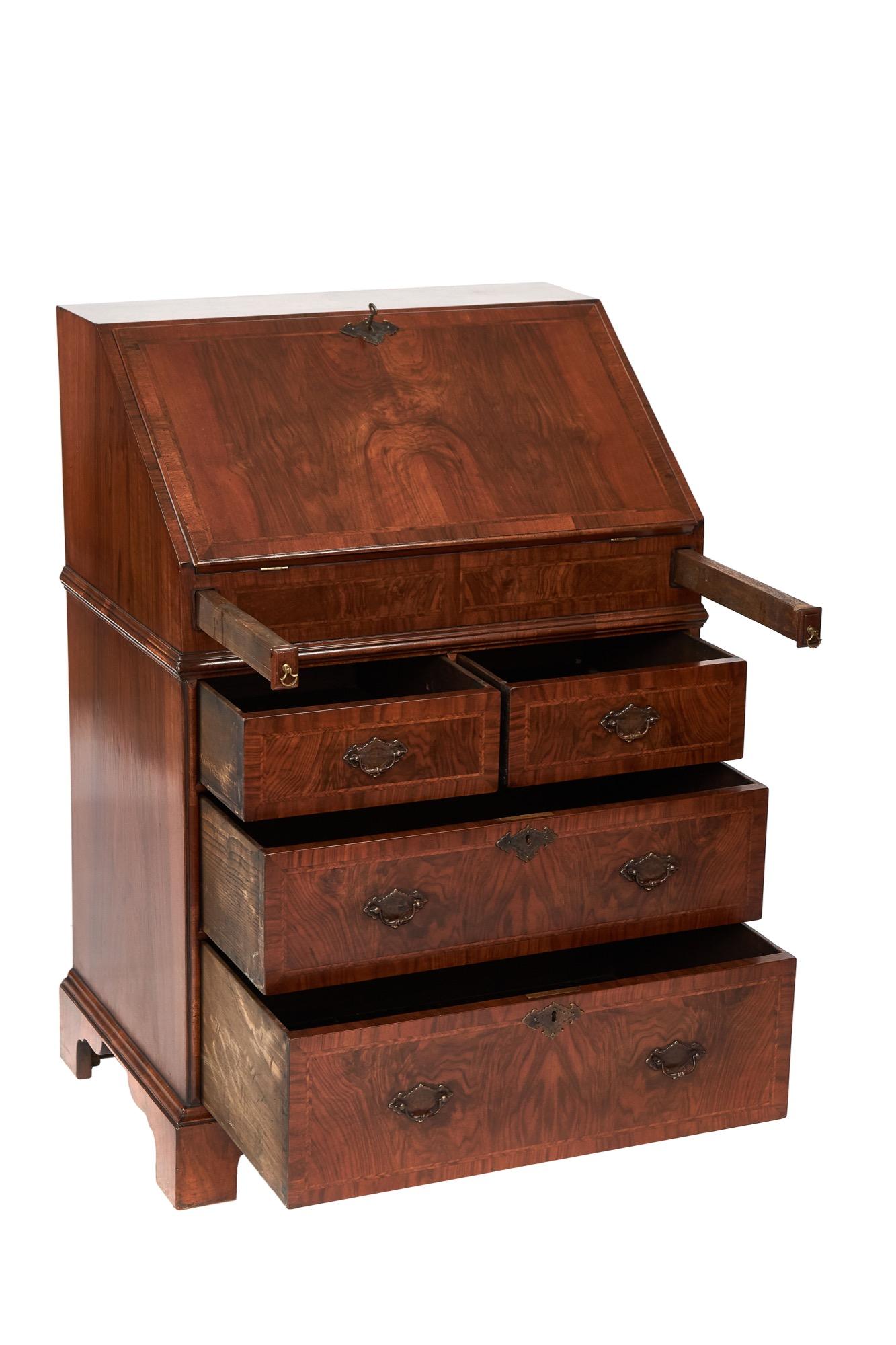 Queen Anne revival Walnut Bureau with drop well, c 1920s In Good Condition For Sale In Dereham, GB
