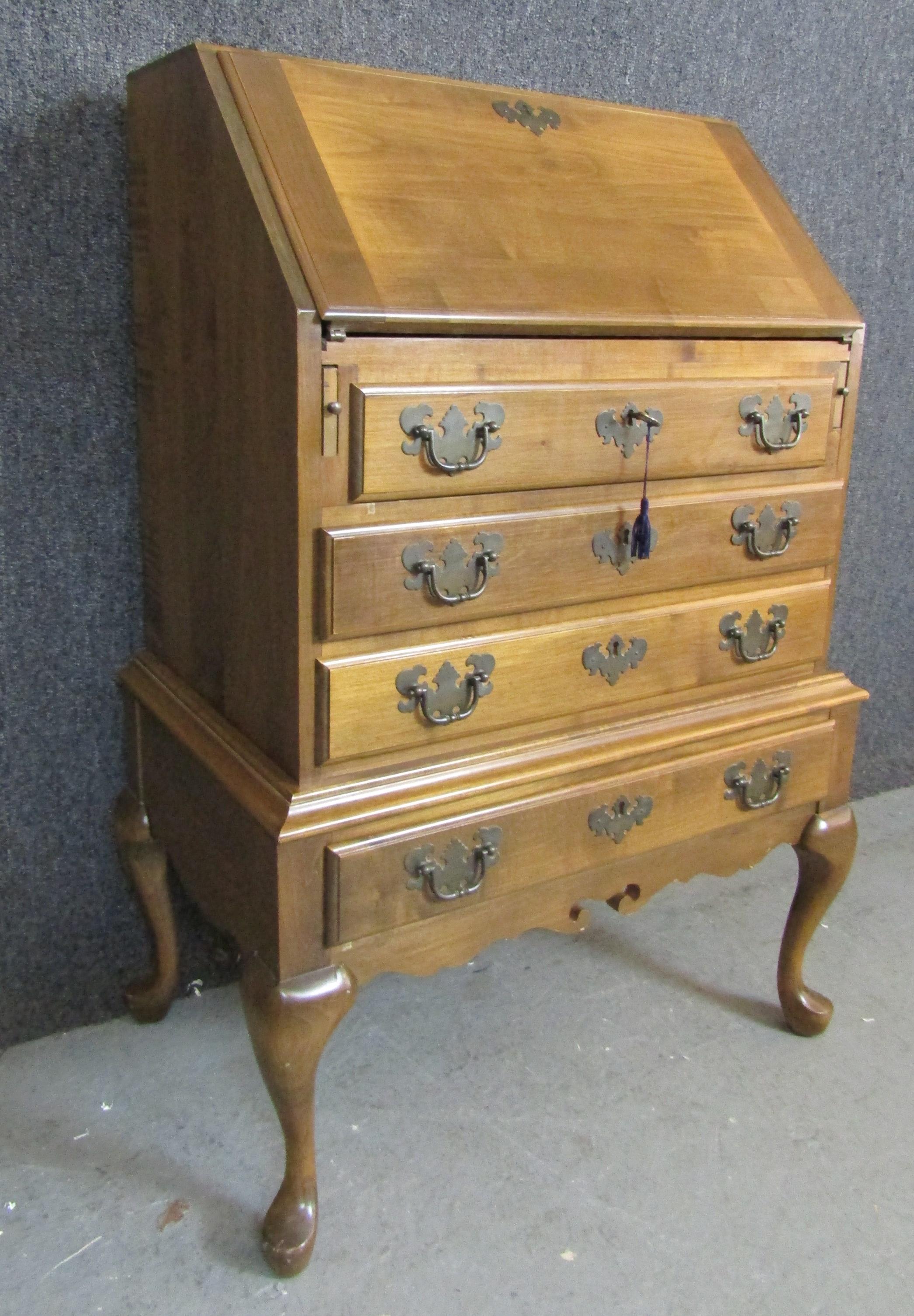 Antique style drop front secretary desk, made in Queen Anne style with brass hardware. Petite size, with 22x17