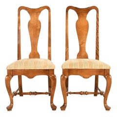 Vintage Queen Anne Solid Carved Maple Side Chairs or Dining Chairs, Pair