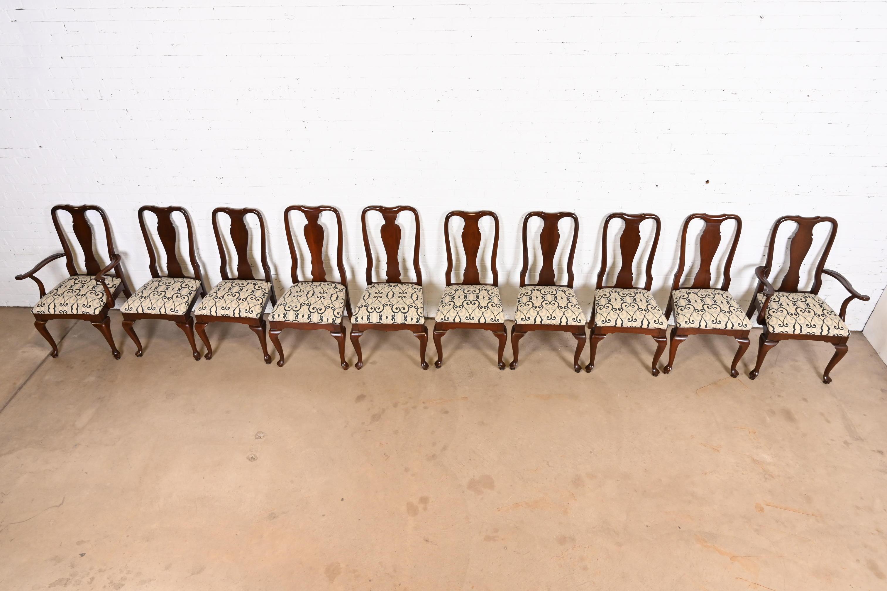 Upholstery Queen Anne Solid Cherry Wood Dining Chairs, Set of Ten
