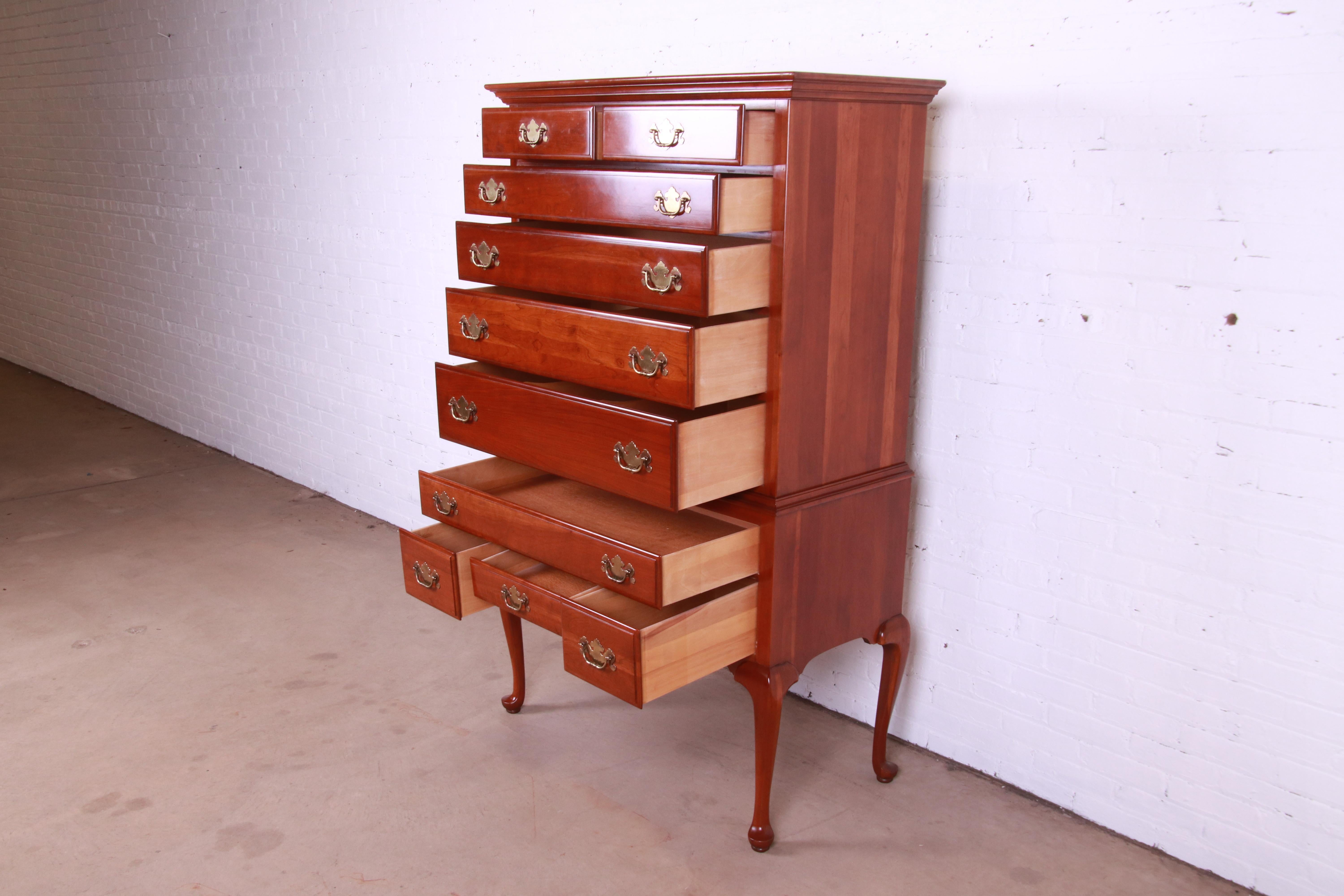 American Queen Anne Solid Cherry Wood Highboy Dresser For Sale