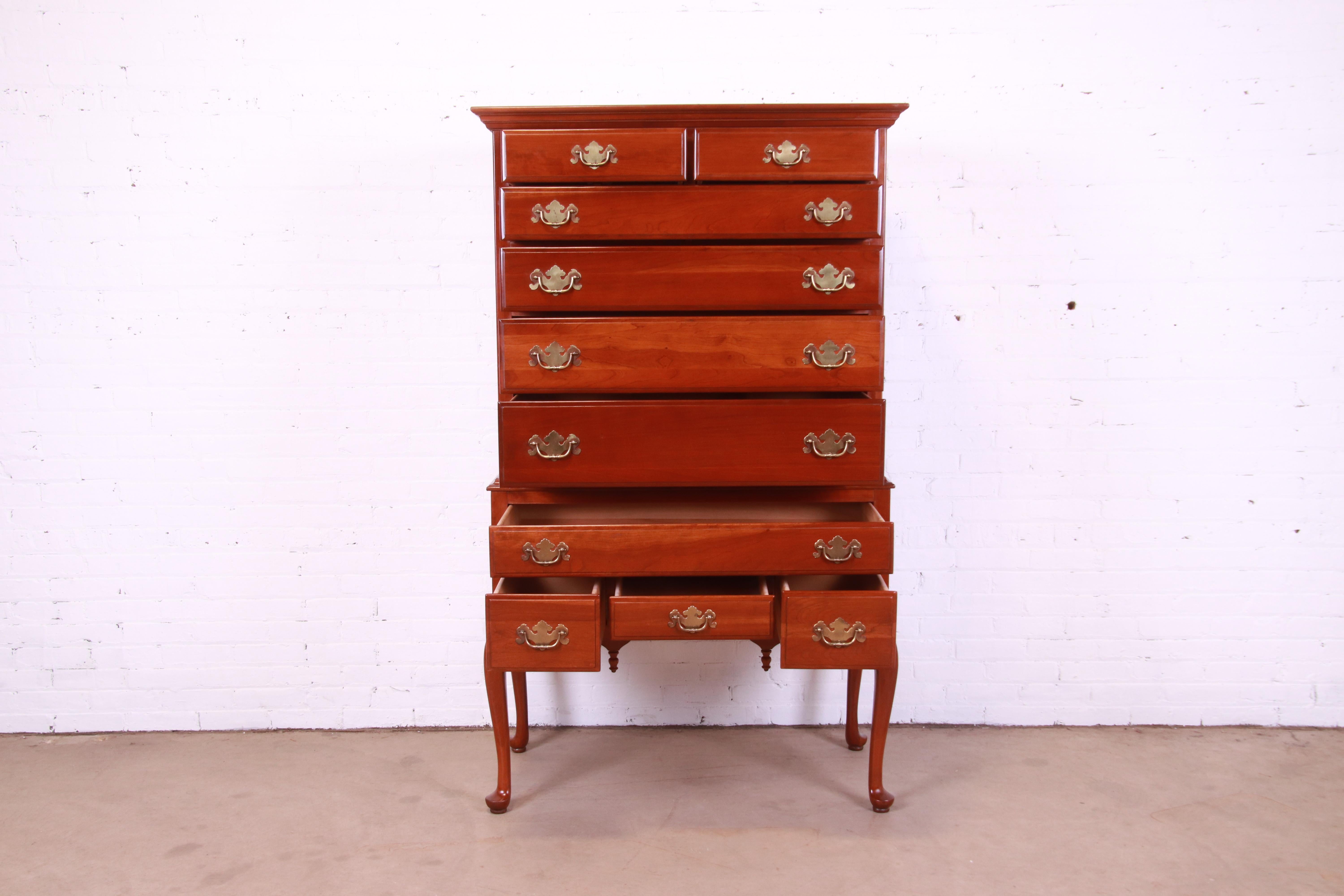 Brass Queen Anne Solid Cherry Wood Highboy Dresser For Sale