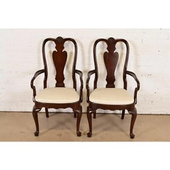 Queen Anne Solid Mahogany Armchairs or Dining Captain Chairs, Pair