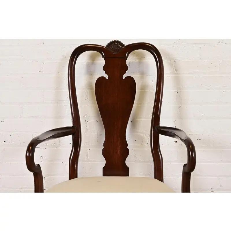 Queen Anne Solid Mahogany Armchairs or Dining Captain Chairs, Pair (Polster) im Angebot