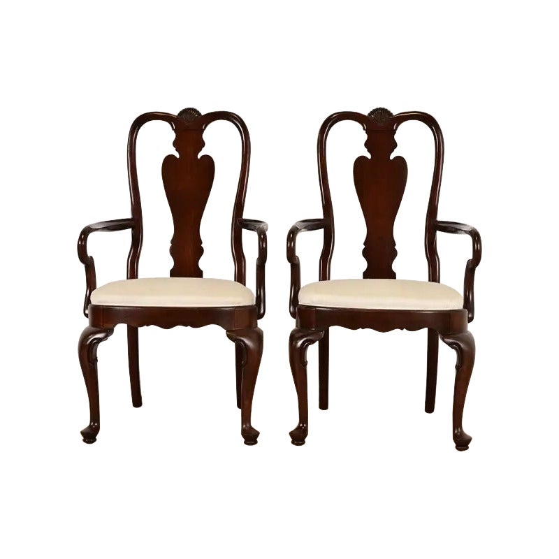 Queen Anne Solid Mahogany Armchairs or Dining Captain Chairs, Pair