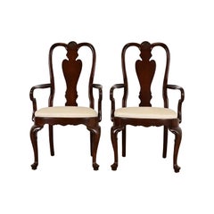 Queen Anne Solid Mahogany Armchairs or Dining Captain Chairs, Pair