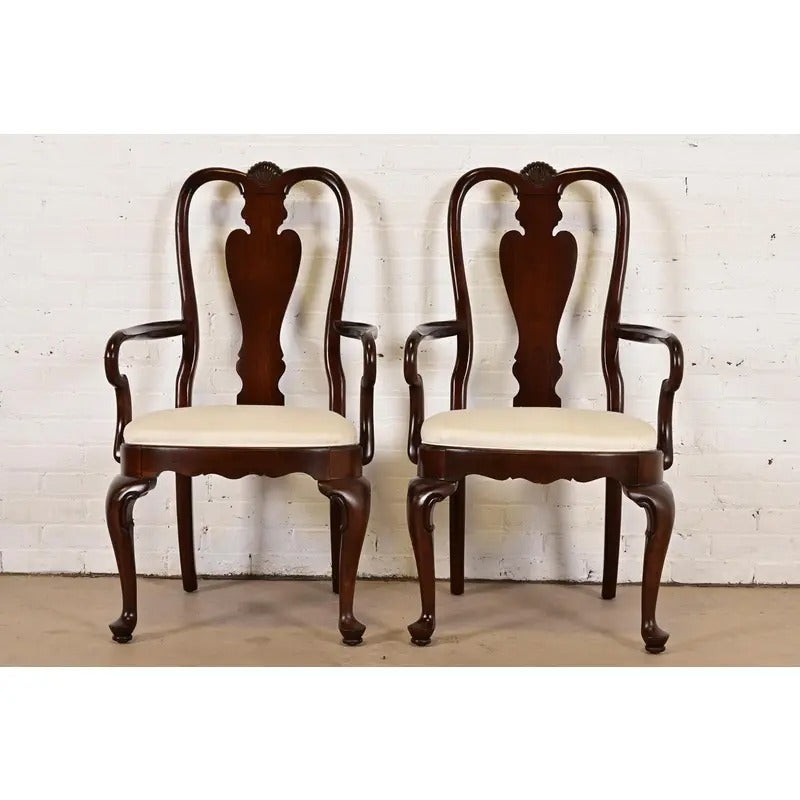 Queen Anne Solid Mahogany Armchairs or Dining Captain Chairs, Pair
