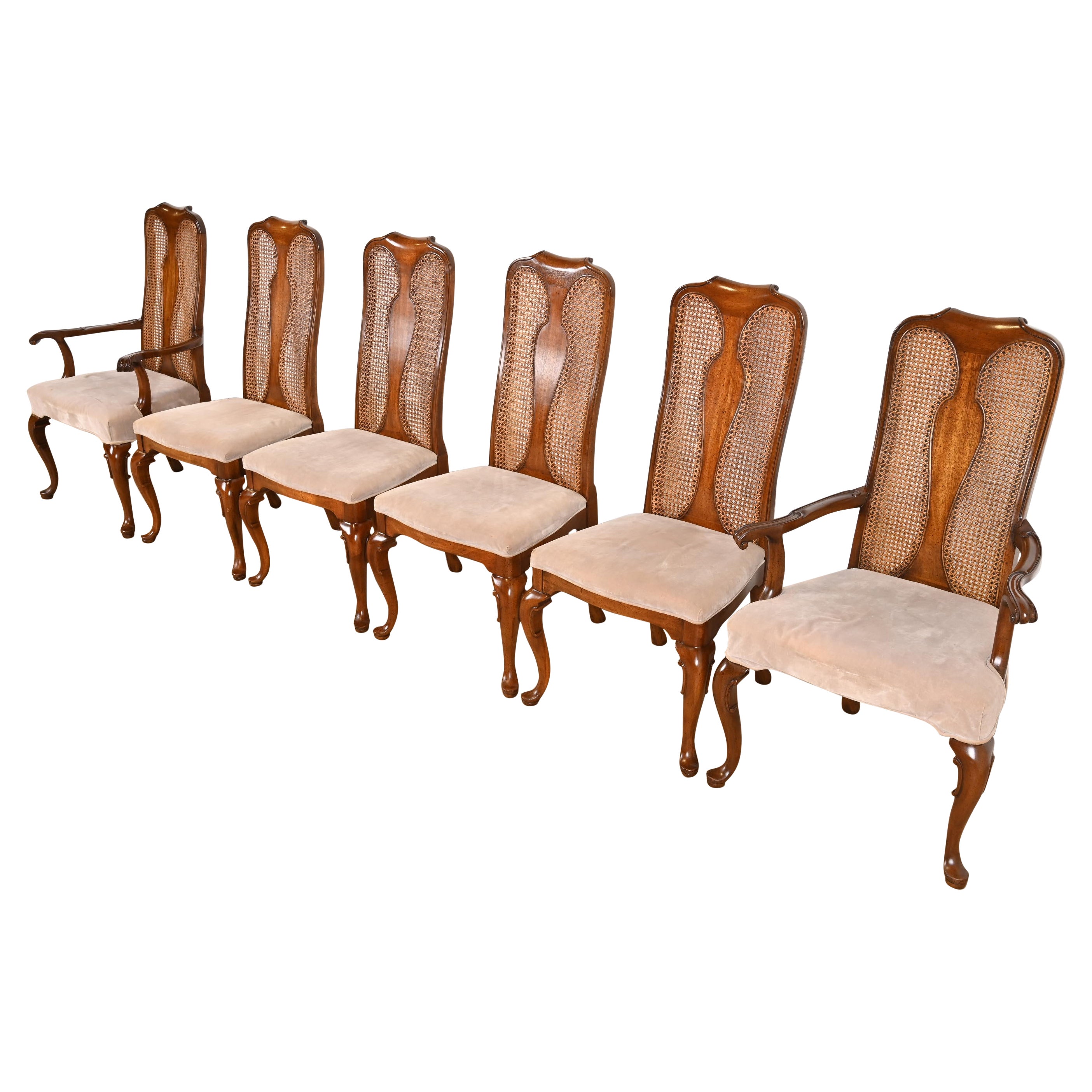 Queen Anne Solid Walnut and Cane High Back Dining Chairs by Mount Airy Furniture