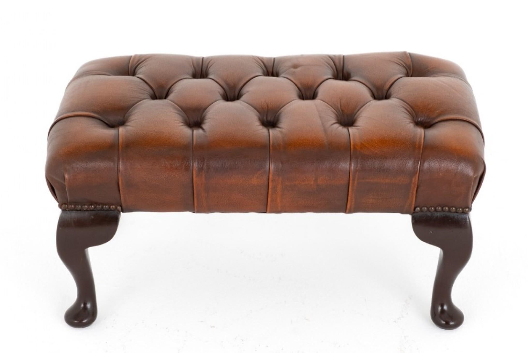Mid-20th Century Queen Anne Stool Foot Rest Deep Button Leather