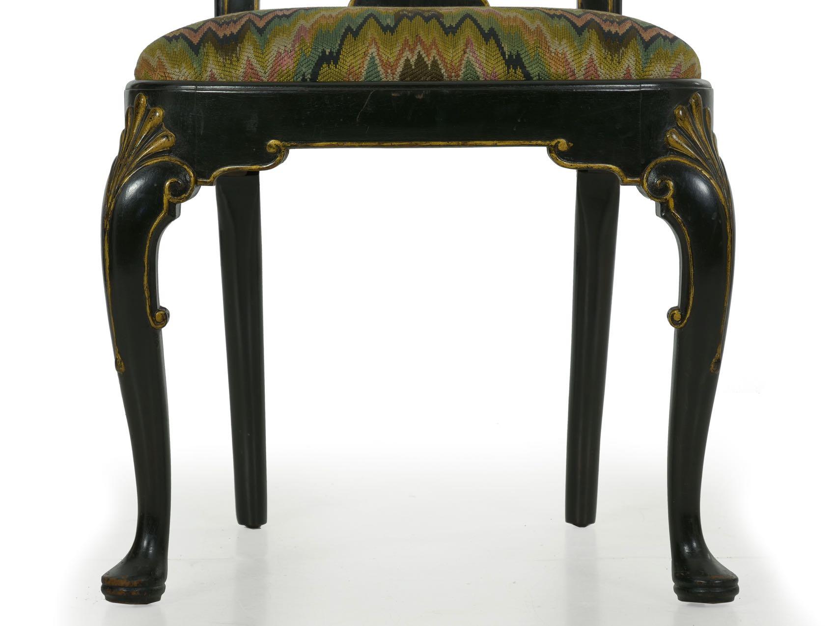 Queen Anne Style Antique Black Lacquer Dining Side Chair, 20th Century 4