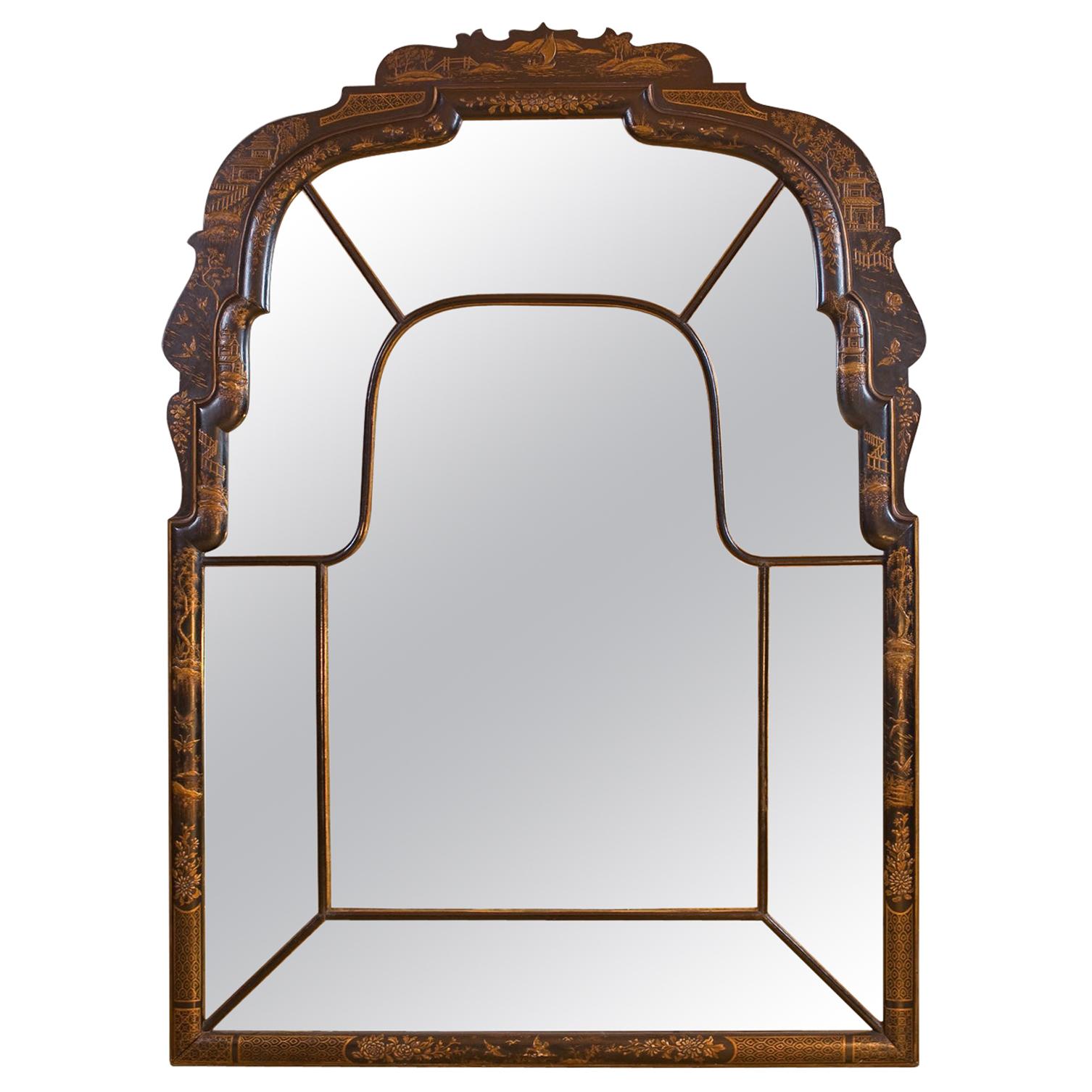 Queen Anne Style Black Lacquer, Hand Painted Oriental Mirror, circa 1920 For Sale