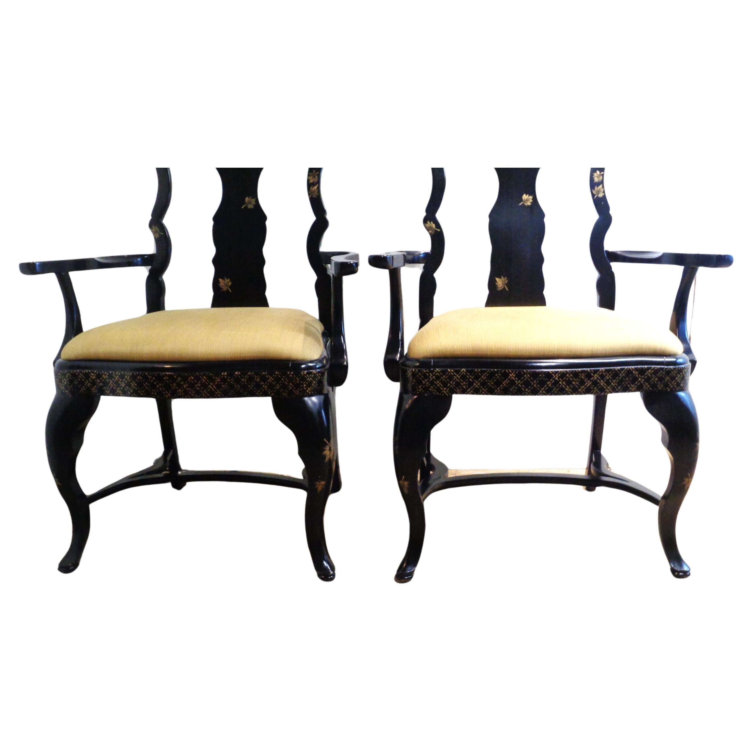 Carved Queen Anne Style Chinoiserie Decorated Armchairs For Sale