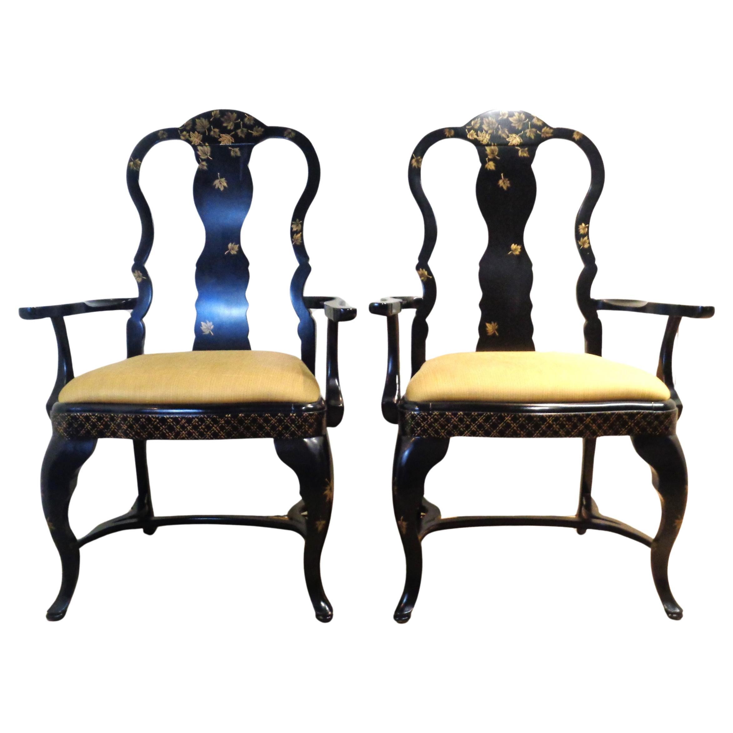 Queen Anne Style Black Lacquered Armchairs Gilt Chinoiserie Decoration 