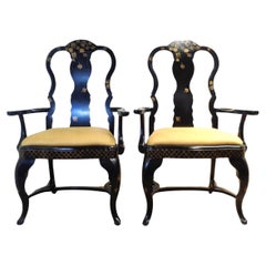 Vintage Queen Anne Style Black Lacquered Armchairs Gilt Chinoiserie Decoration 