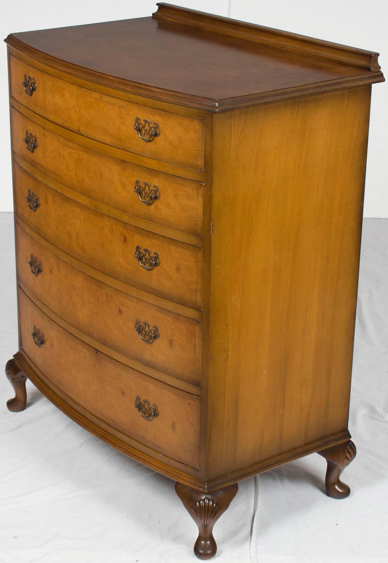 Queen Anne Style Bow Front Walnut Chest of Drawers Dresser For Sale at