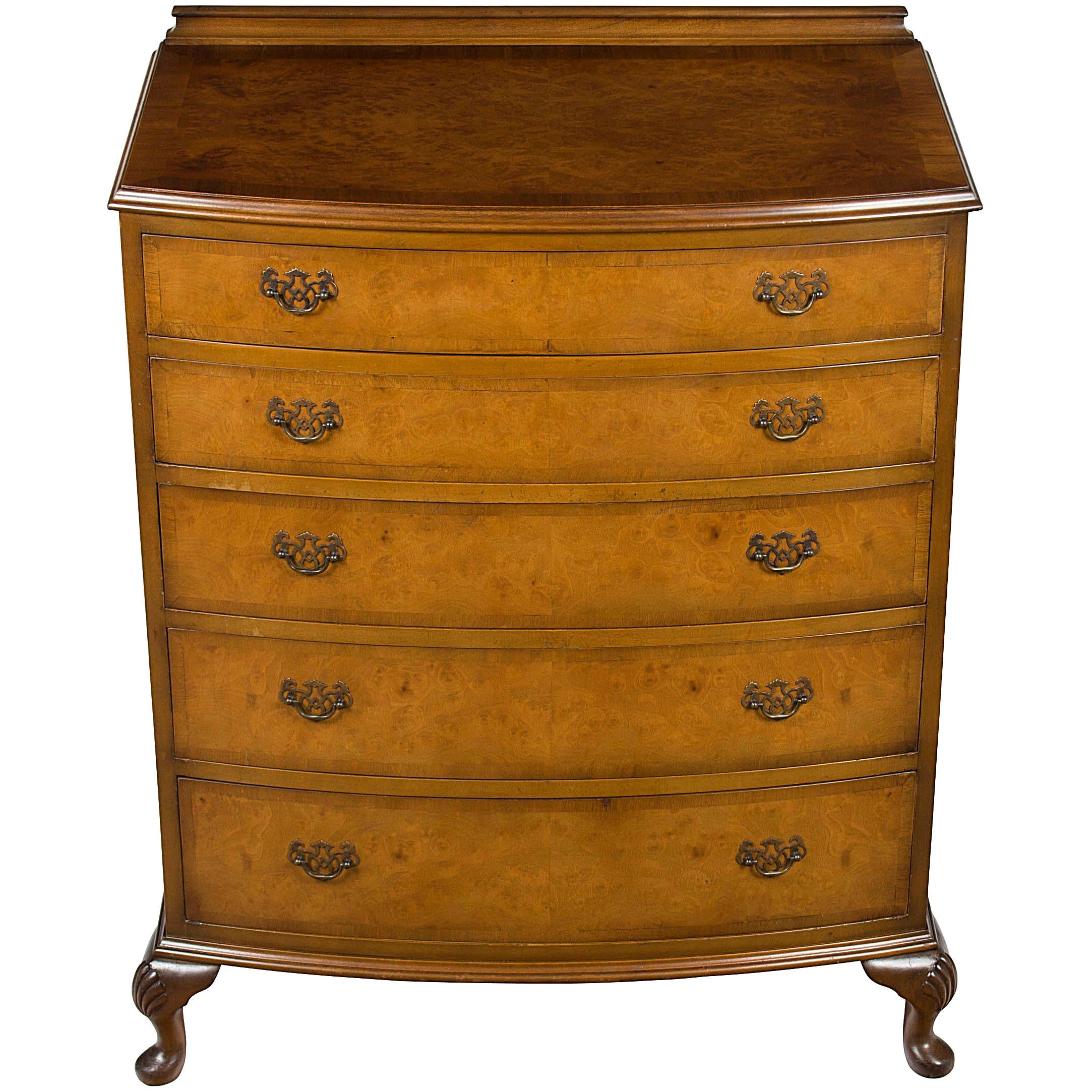 Queen Anne Style Bow Front Walnut Chest of Drawers Dresser For Sale