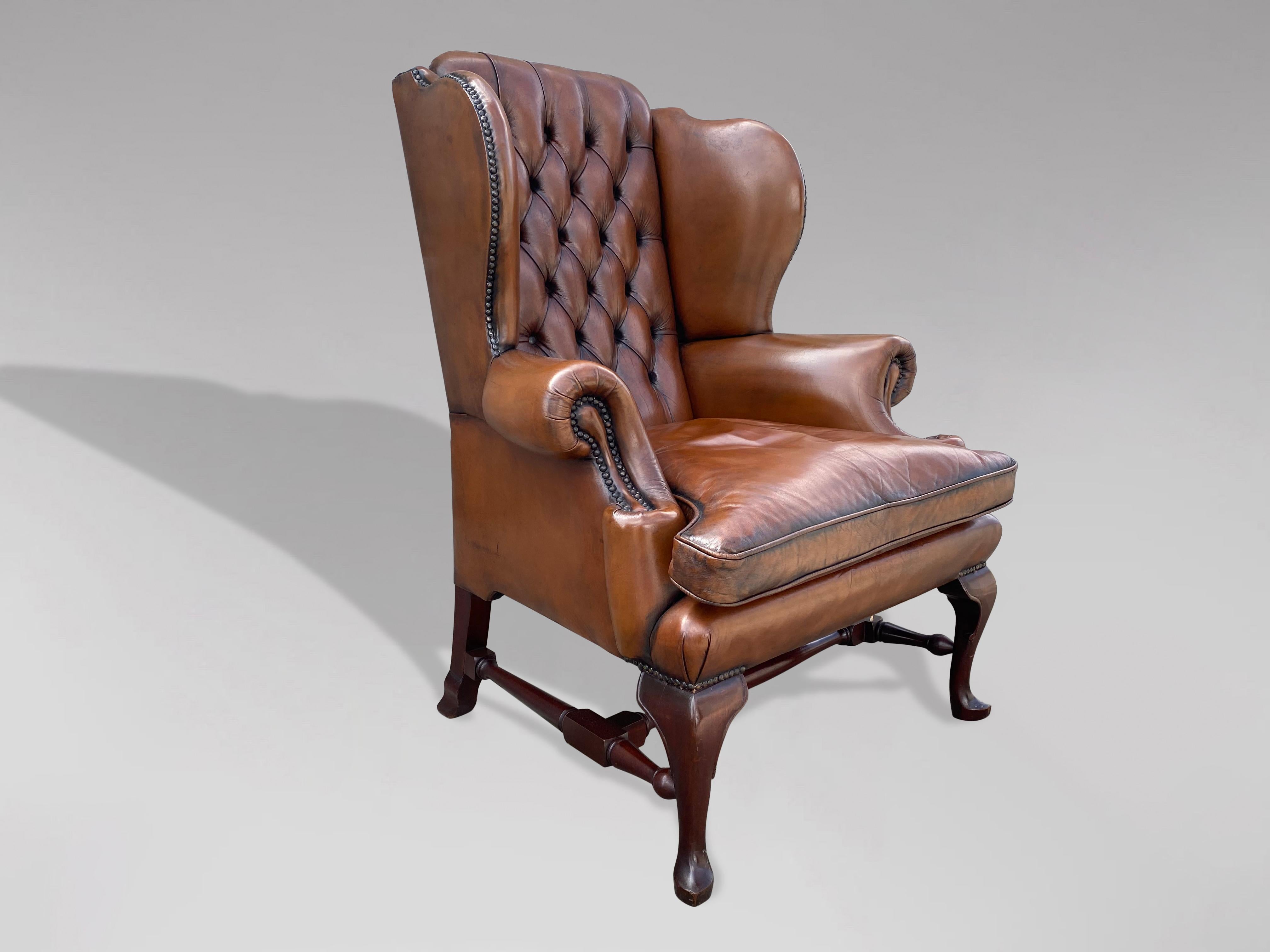 British Queen Anne Style Brown Leather Wing Armchair