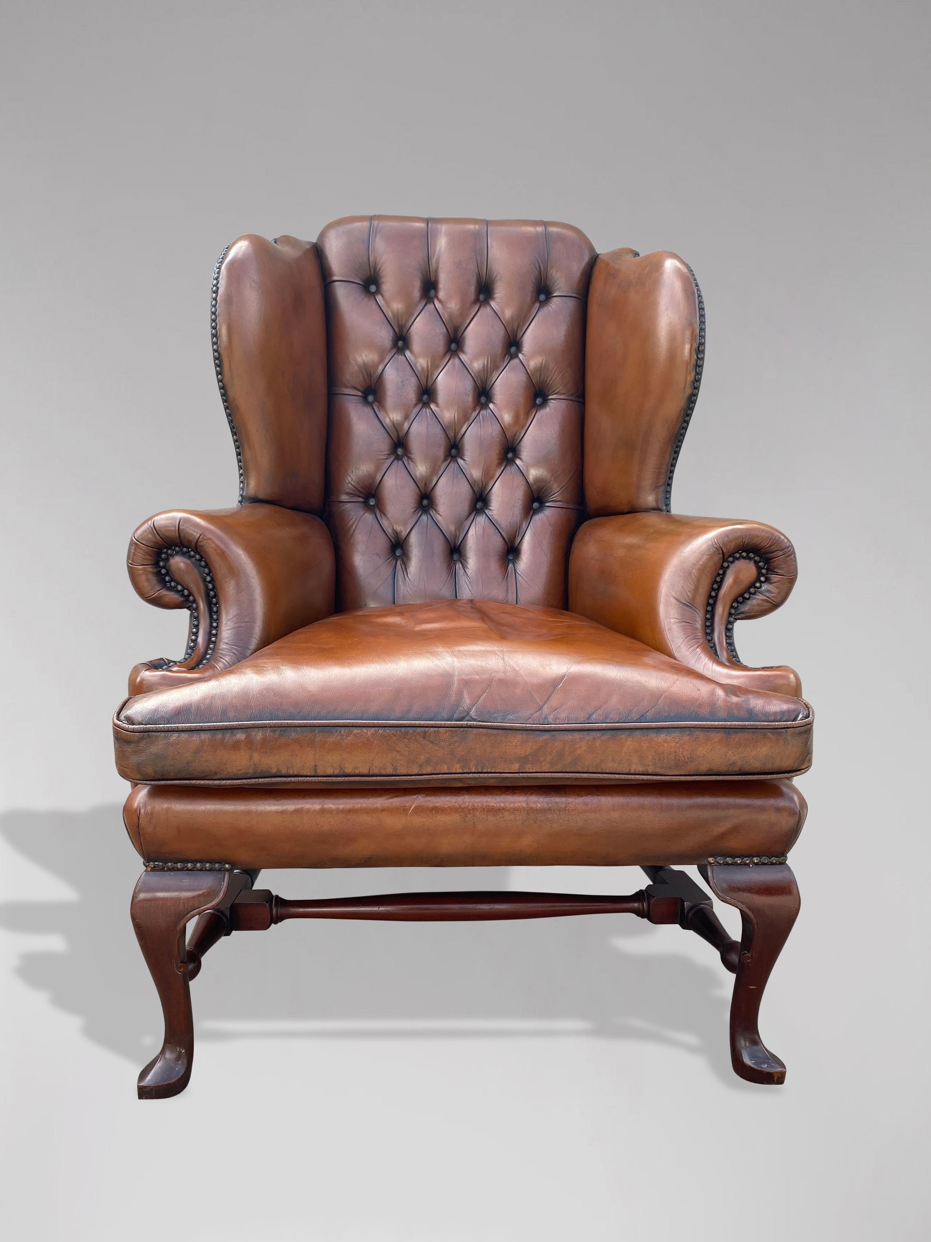 Hand-Crafted Queen Anne Style Brown Leather Wing Armchair