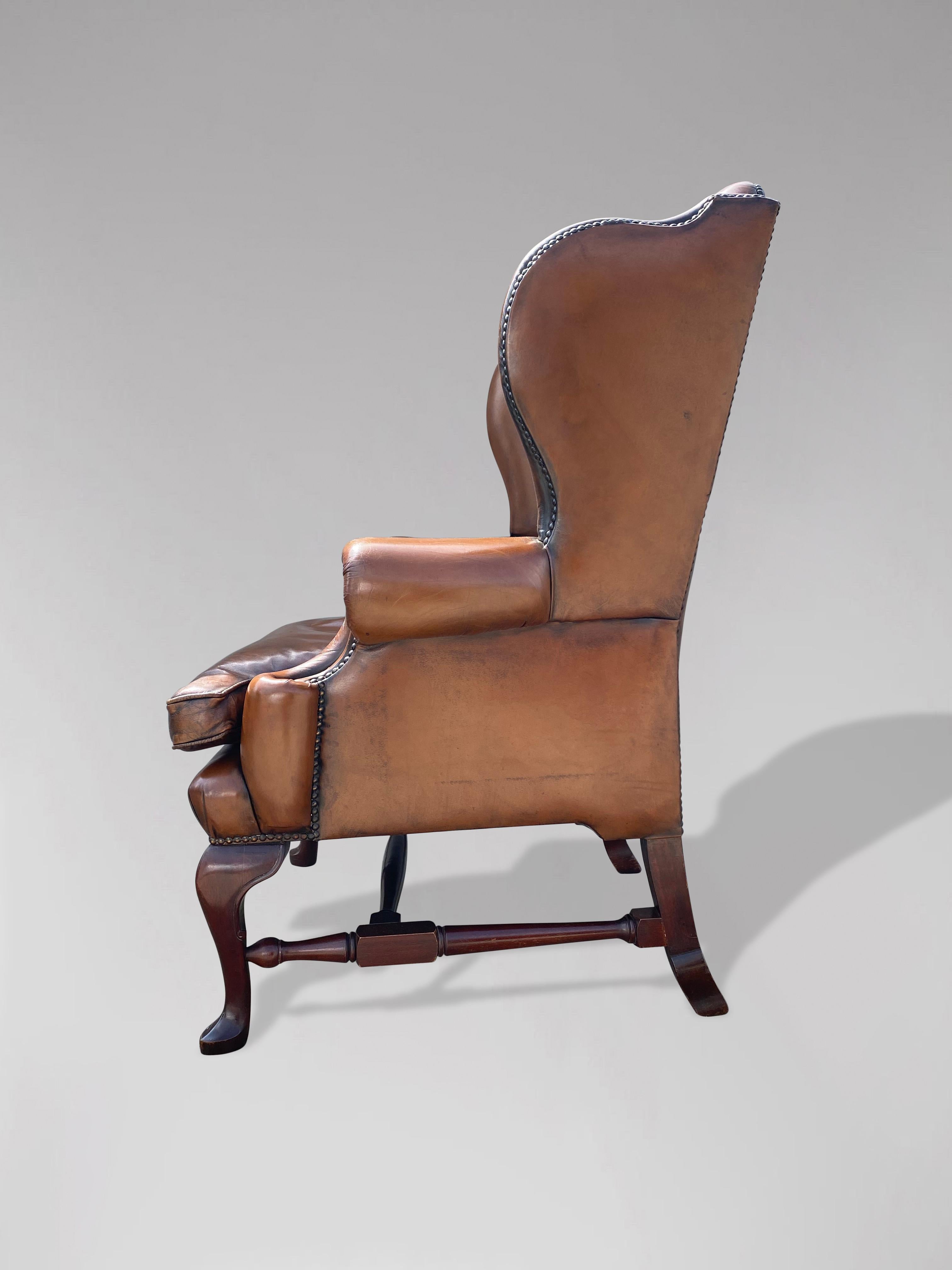 Queen Anne Style Brown Leather Wing Armchair In Excellent Condition In Petworth,West Sussex, GB