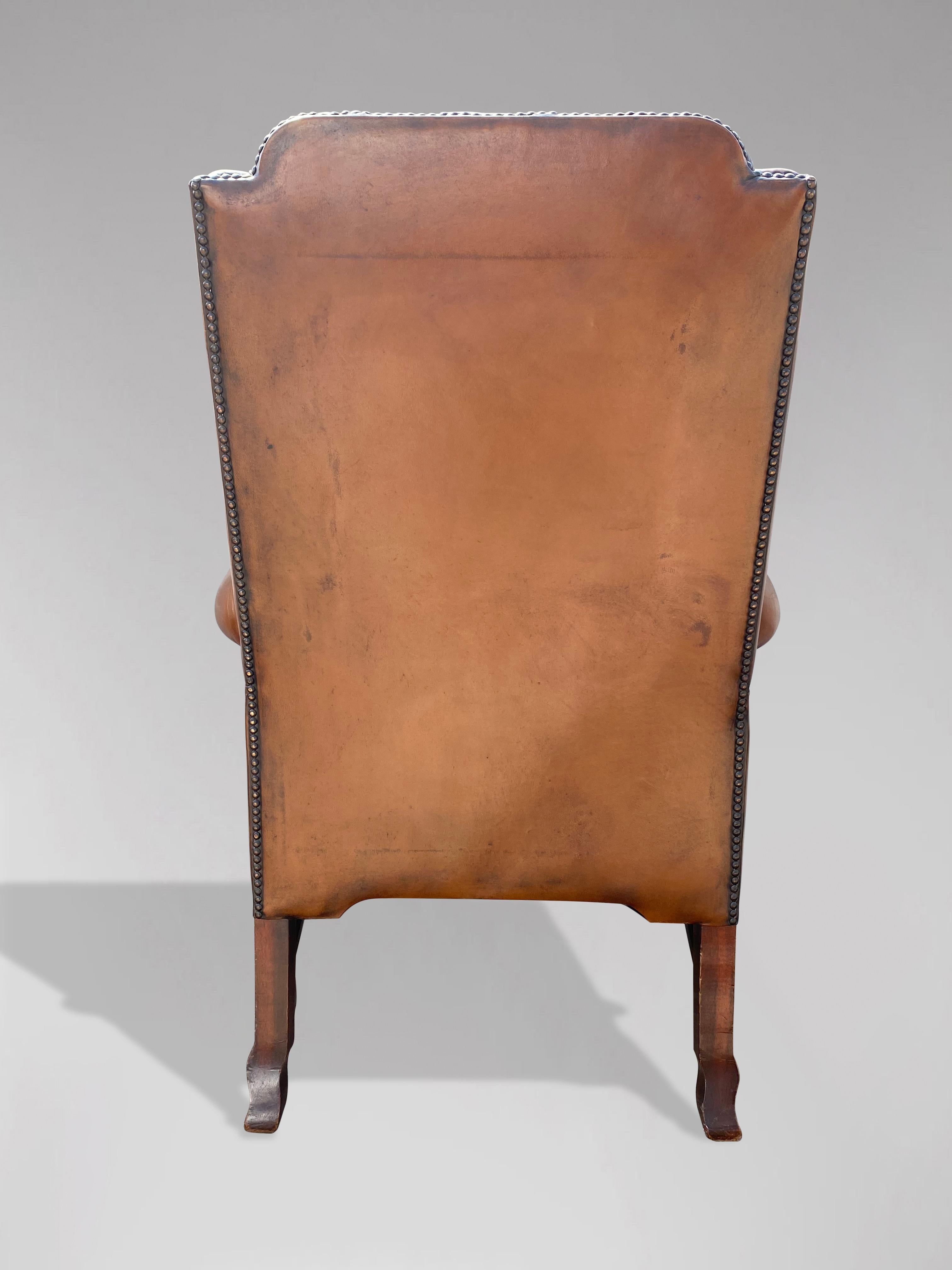 20th Century Queen Anne Style Brown Leather Wing Armchair
