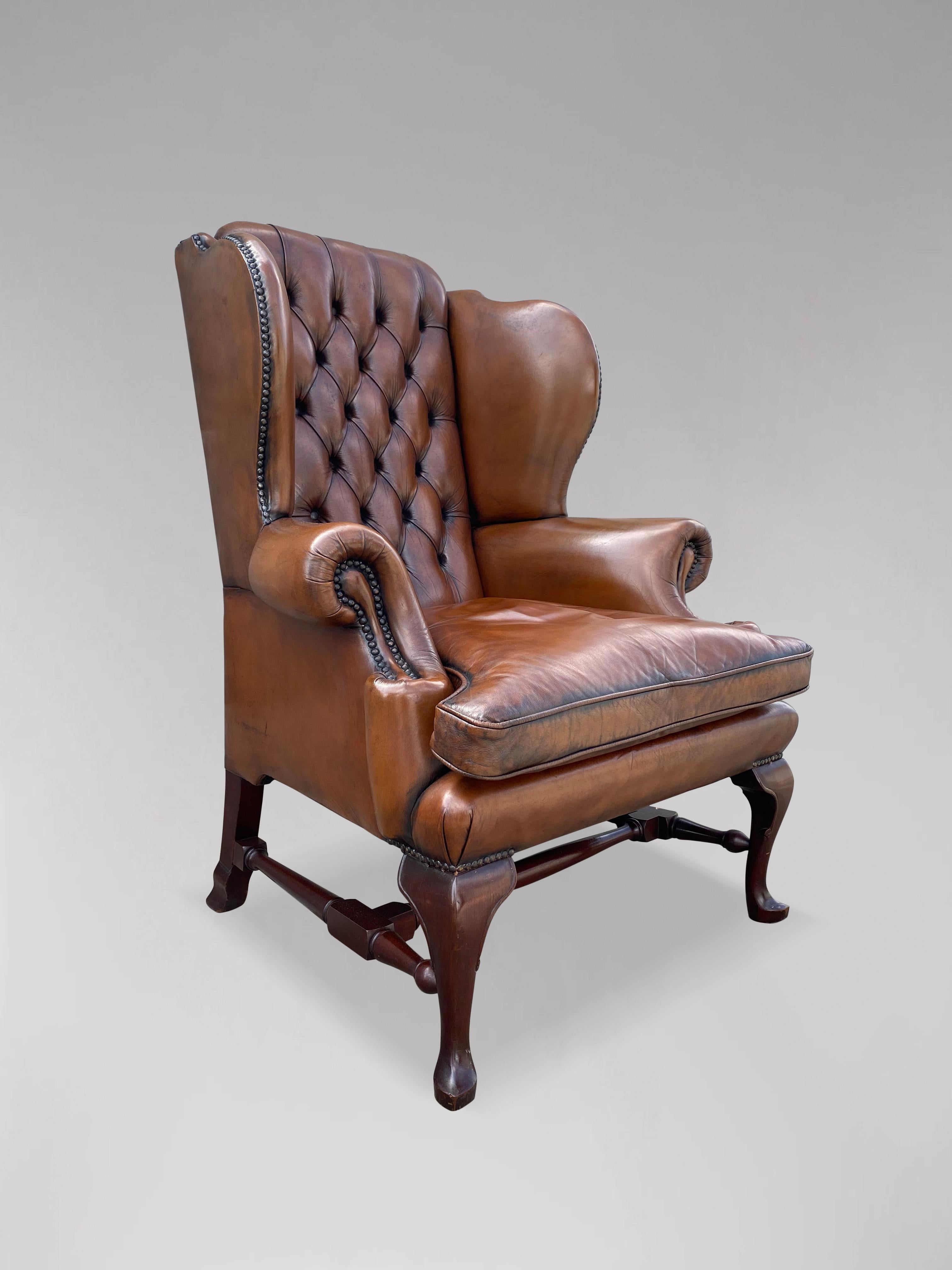 Queen Anne Style Brown Leather Wing Armchair 1
