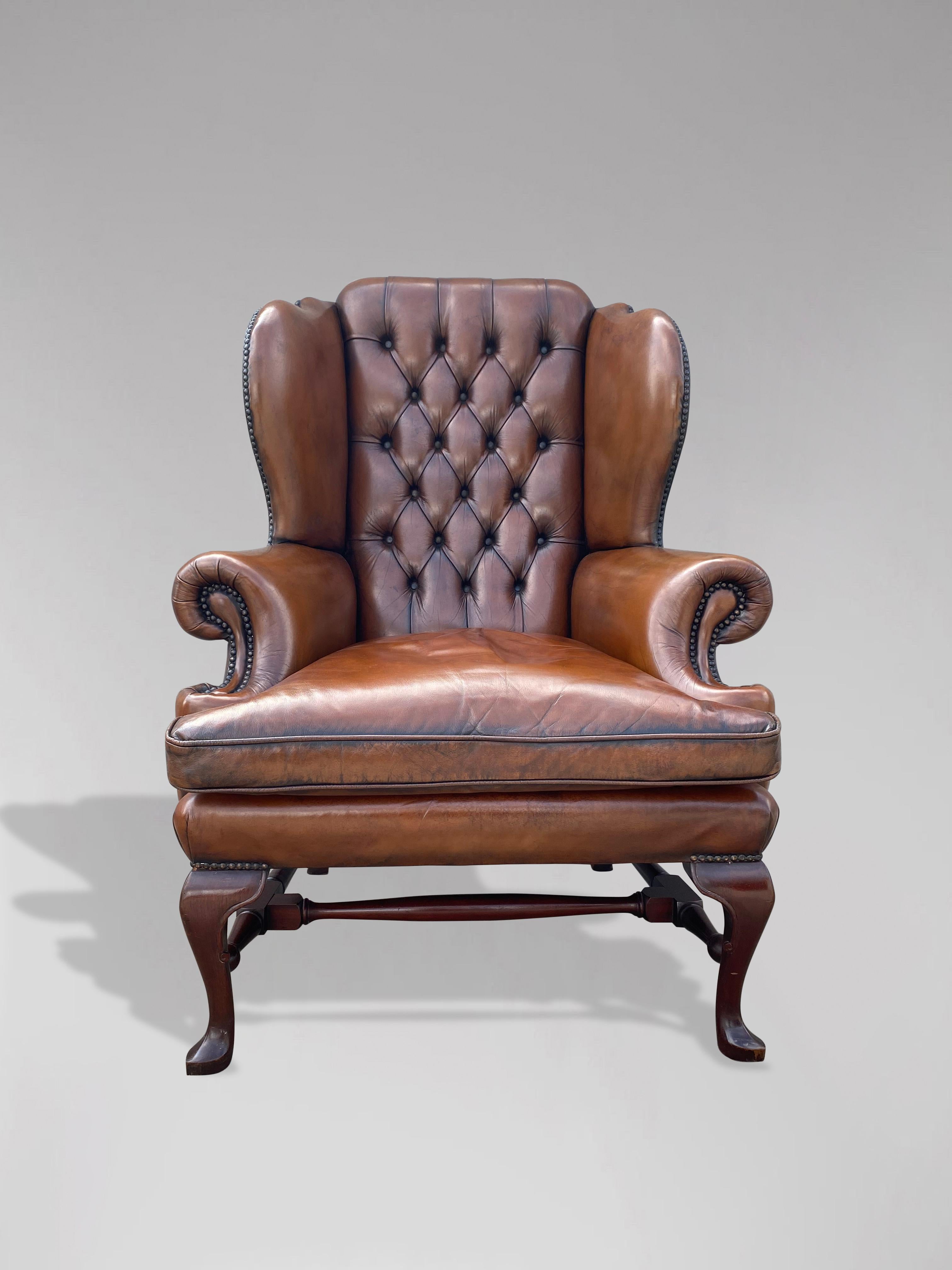 Queen Anne Style Brown Leather Wing Armchair 2