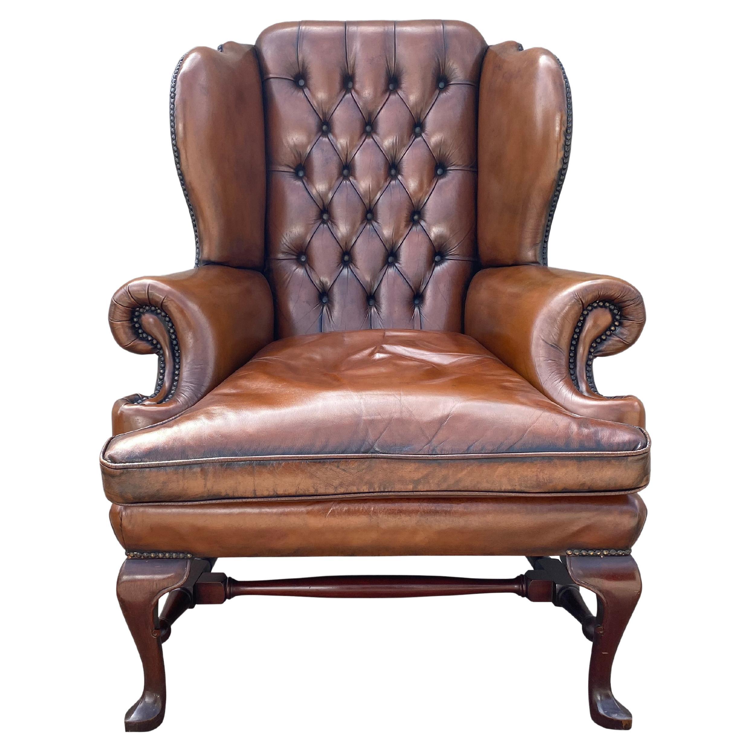 Queen Anne Style Brown Leather Wing Armchair