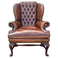 Queen Anne Style Brown Leather Wing Armchair