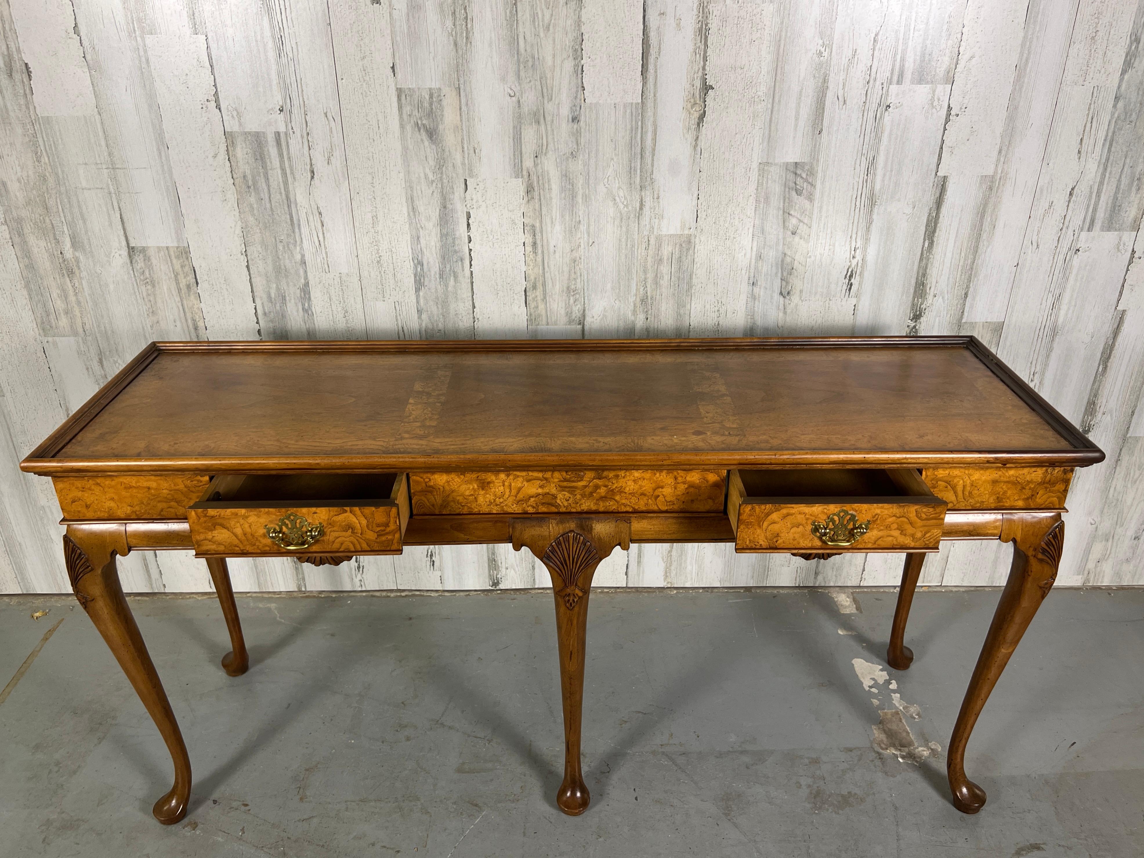 20th Century Queen Anne Style Burl-Wood Console Table by Baker