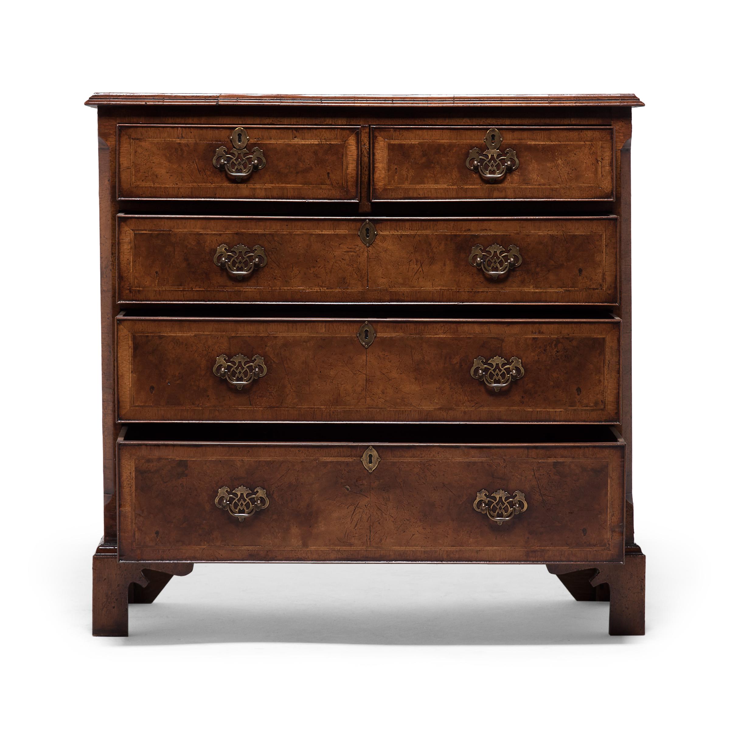 Gilt Queen Anne Style Burled Walnut Chest of Drawers, c. 1800 For Sale