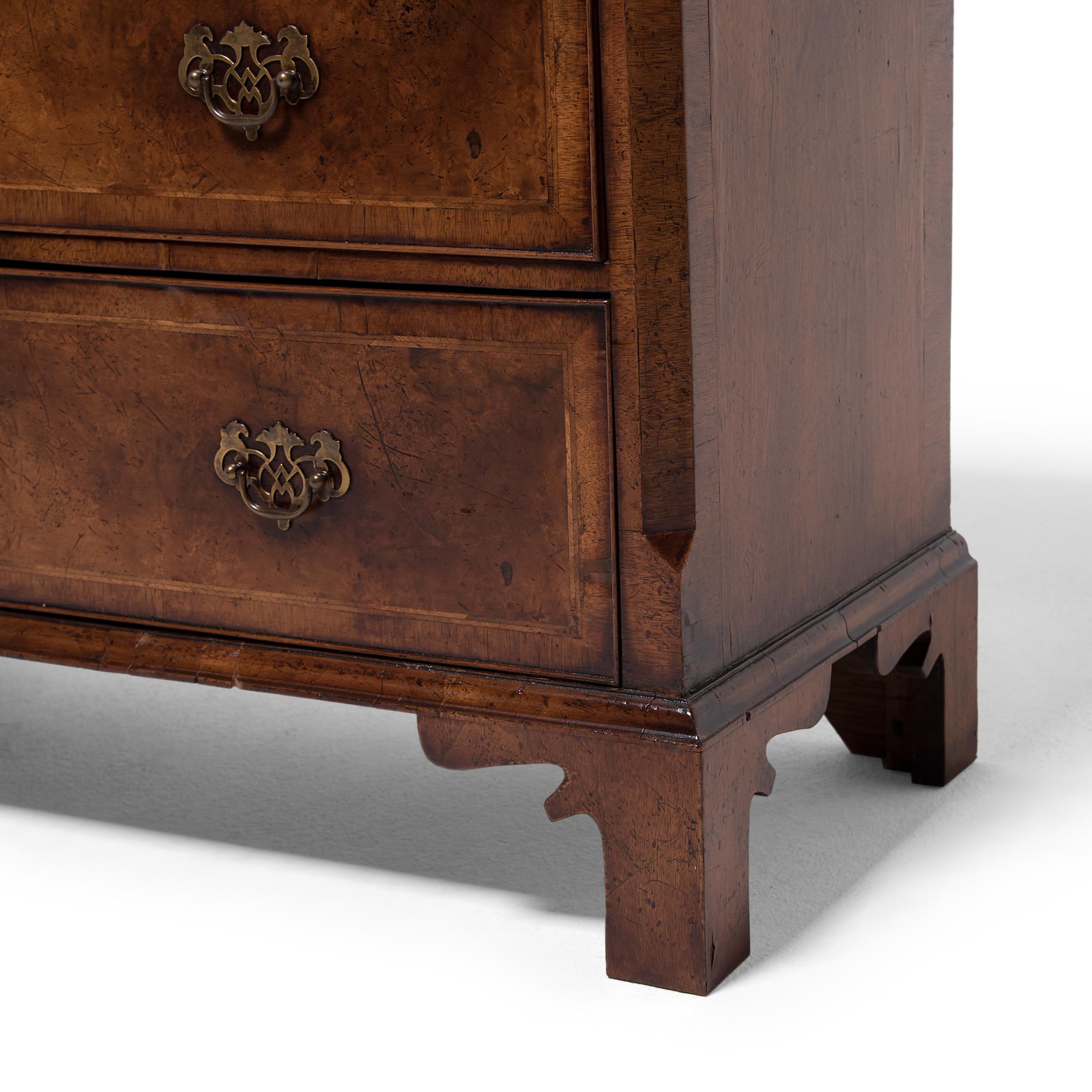 Brass Queen Anne Style Burled Walnut Chest of Drawers, c. 1800 For Sale