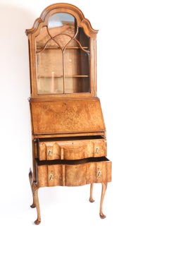 Queen Anne Style Burr Walnut Bureau Bookcase circa 1930s