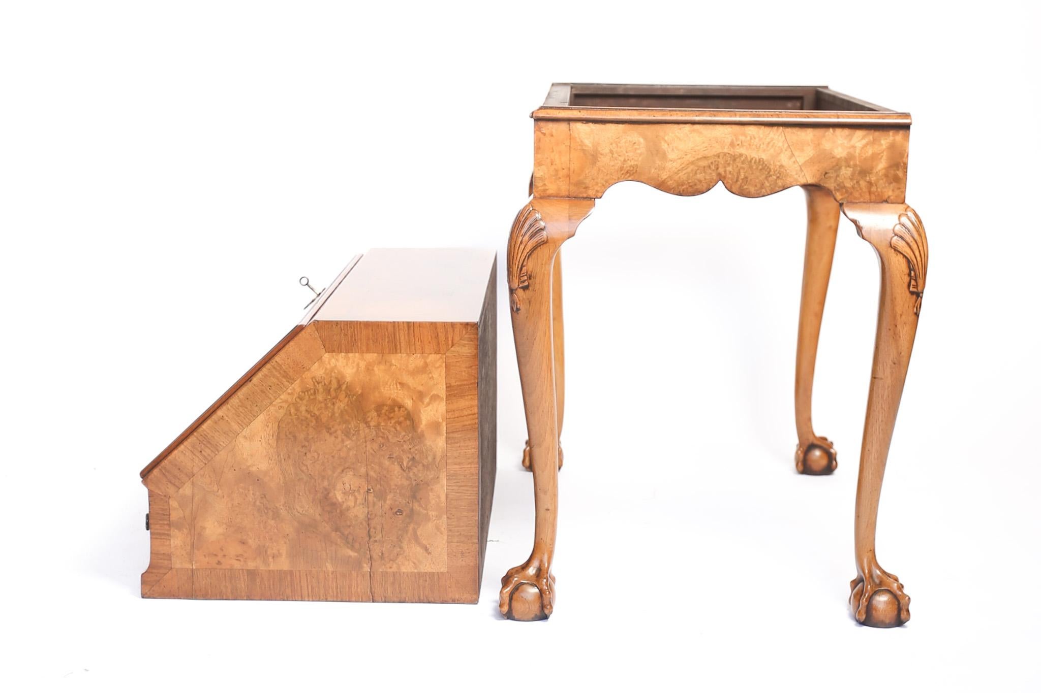 British Queen Anne Style Burr Walnut Bureau on stand C.1920s For Sale