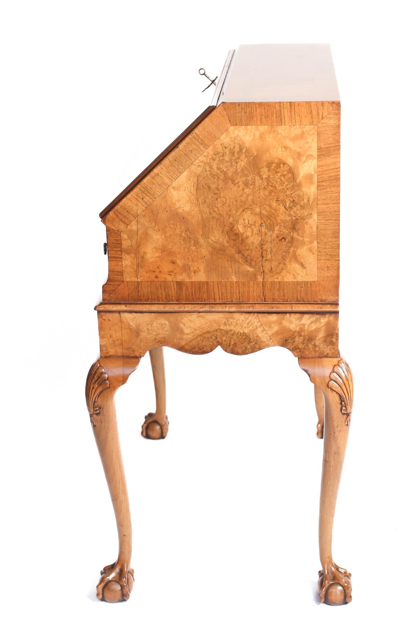 Polished Queen Anne Style Burr Walnut Bureau on stand C.1920s For Sale