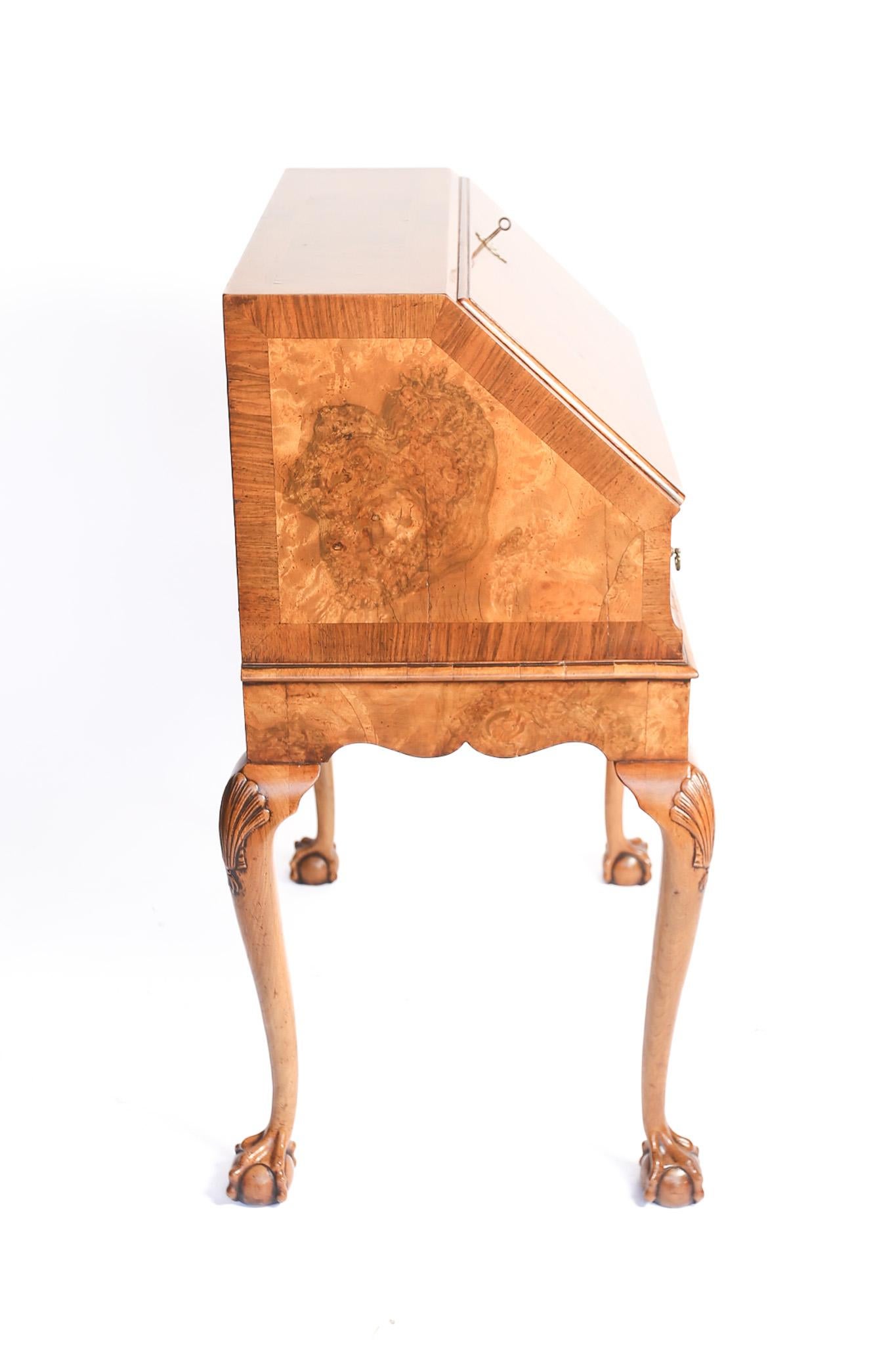 Early 20th Century Queen Anne Style Burr Walnut Bureau on stand C.1920s For Sale