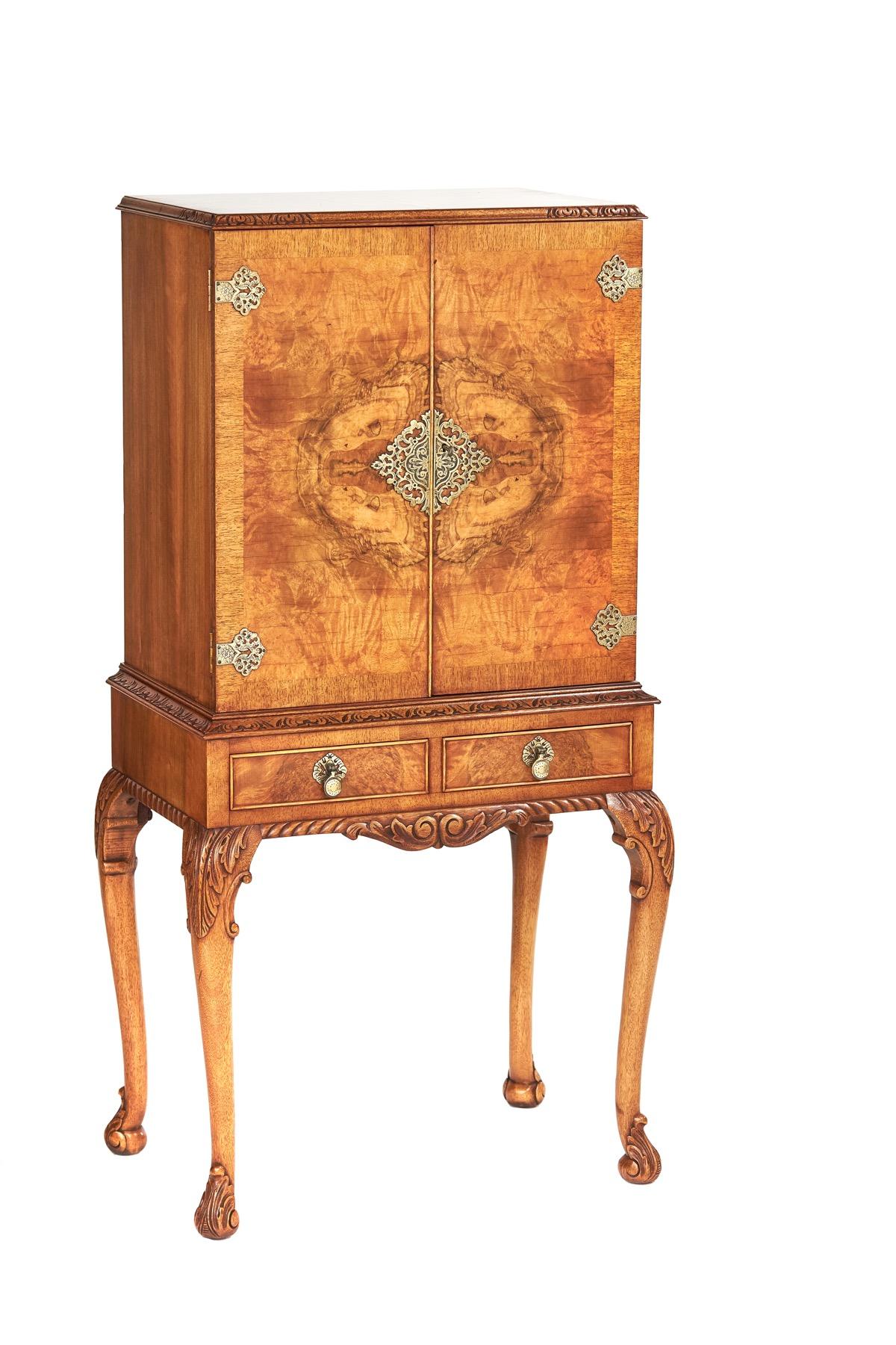 British Queen Anne Style Burr Walnut & carved Cocktail Cabinet 