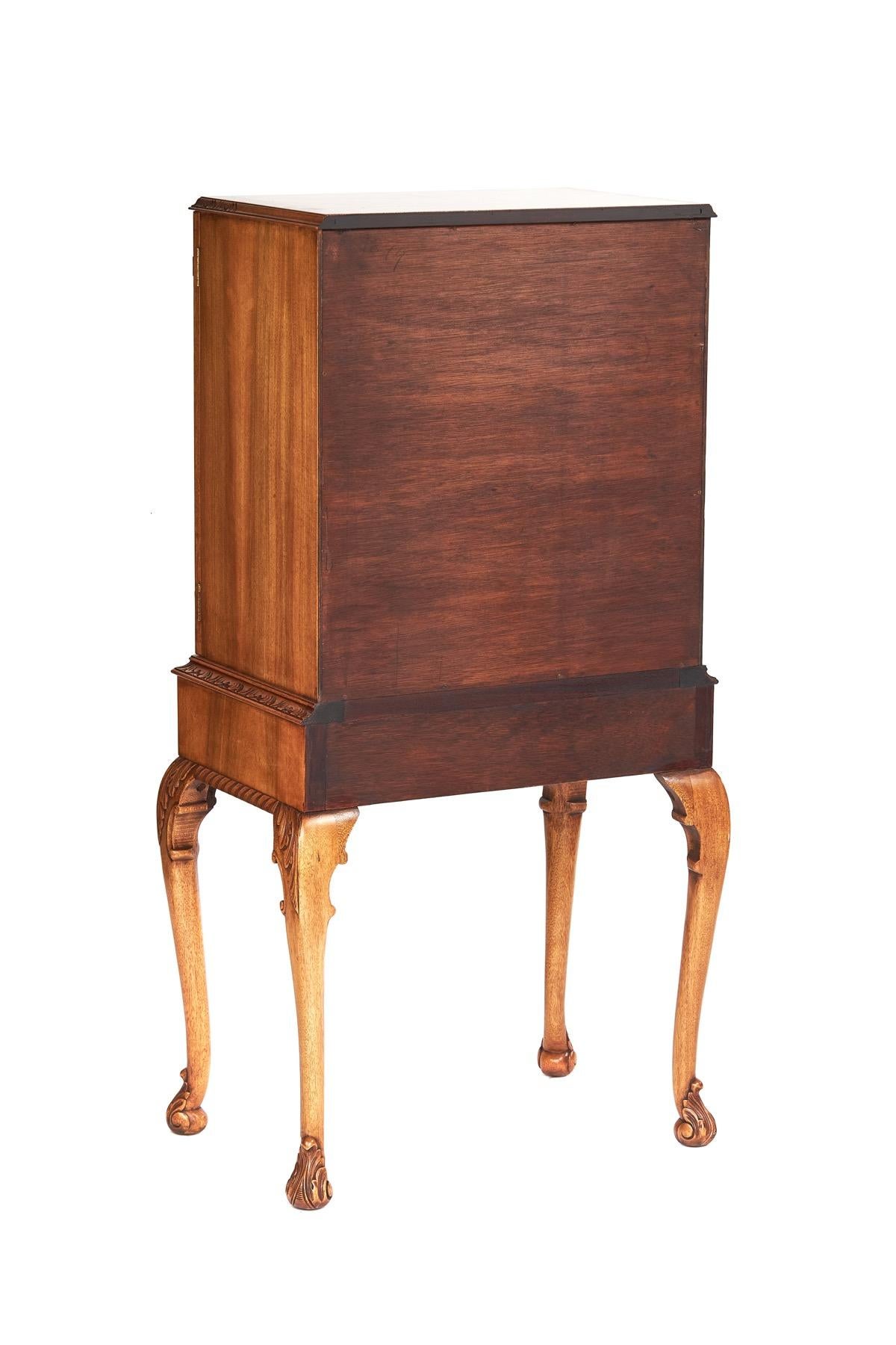 Polished Queen Anne Style Burr Walnut & carved Cocktail Cabinet 