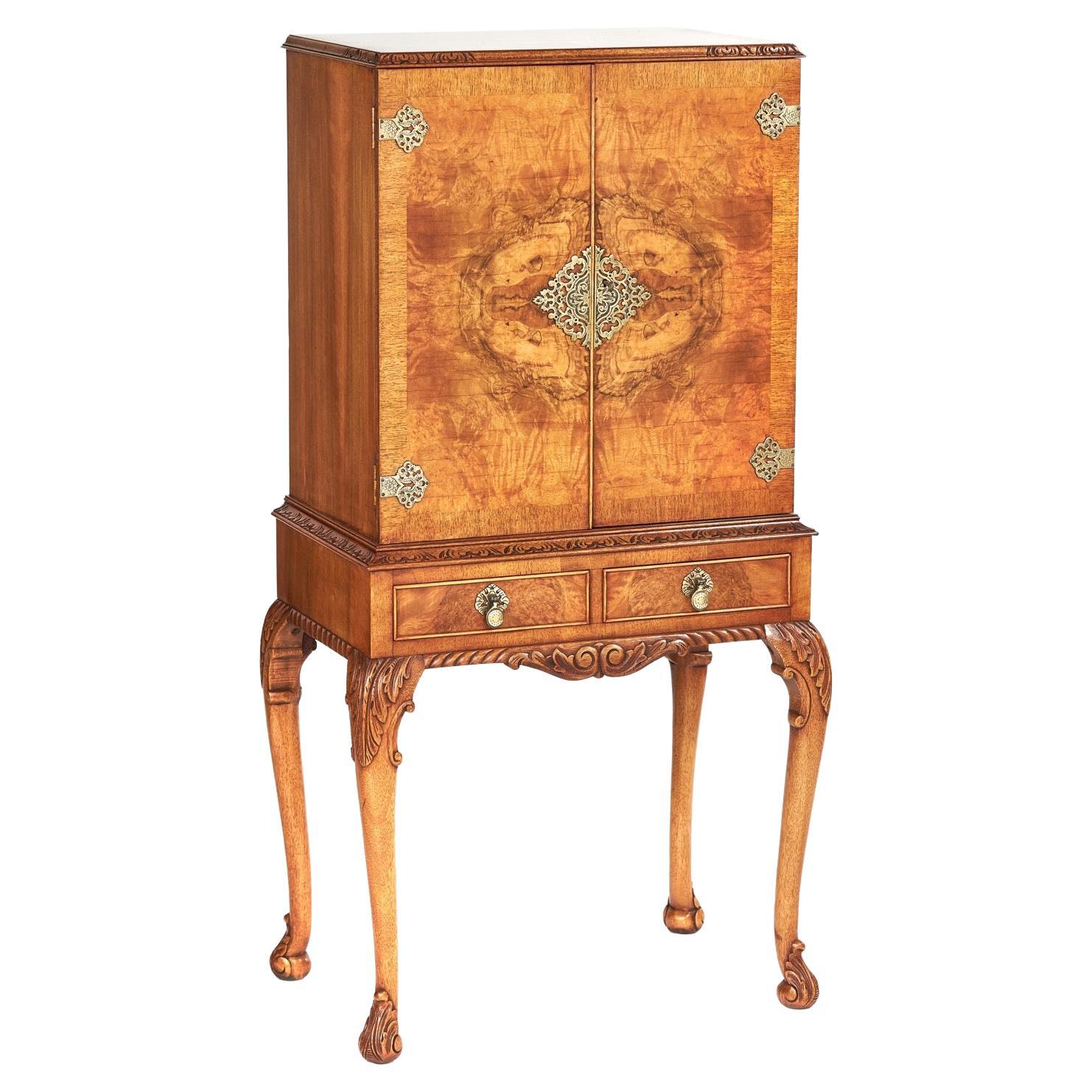 Queen Anne Style Burr Walnut & carved Cocktail Cabinet 