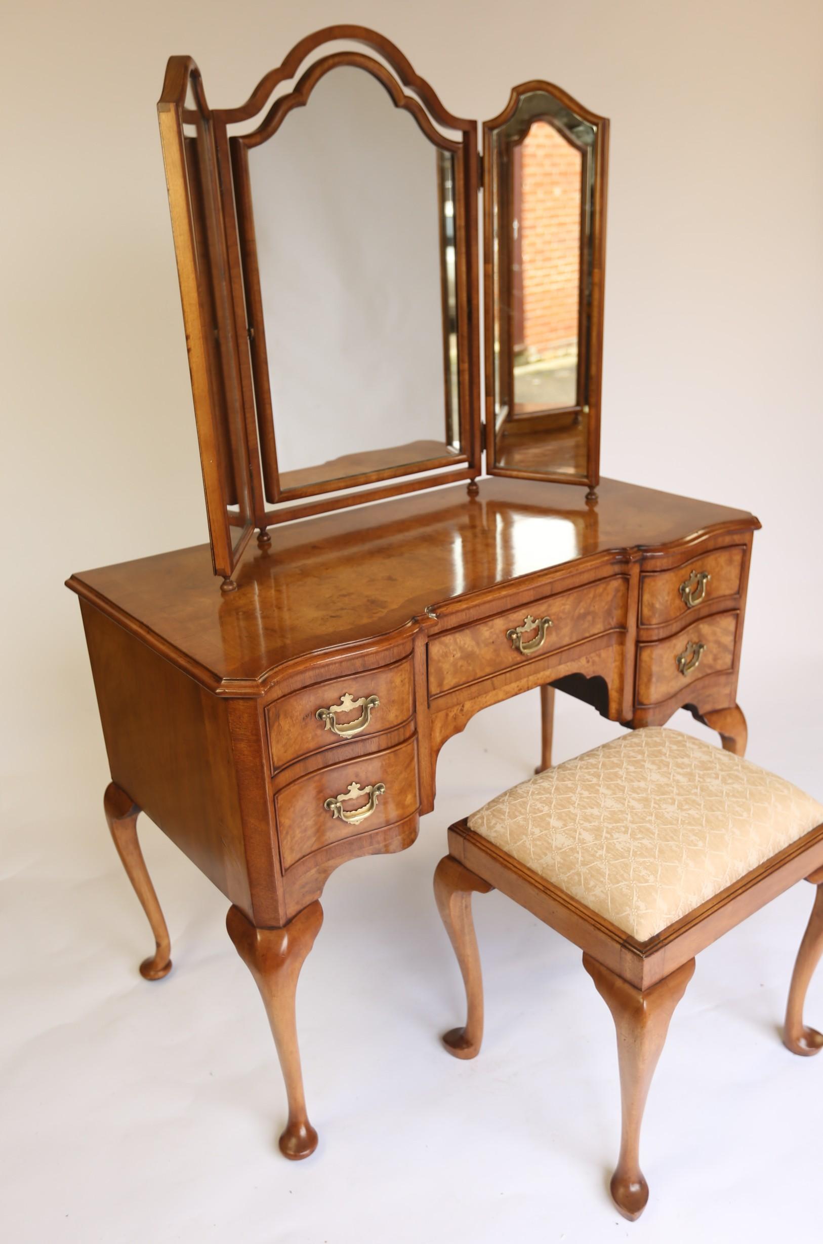Queen Anne Style Burr Walnut Dressing Table with Stool circa 1930s 3